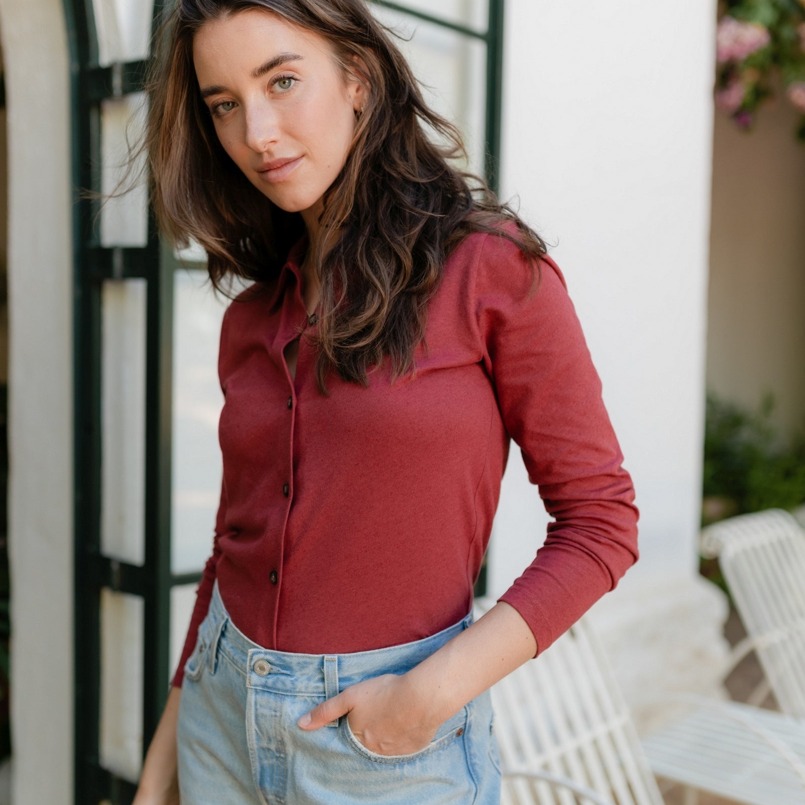 NORDLICHT Sara Jerseybluse Rot Bio-Baumwolle Leinen