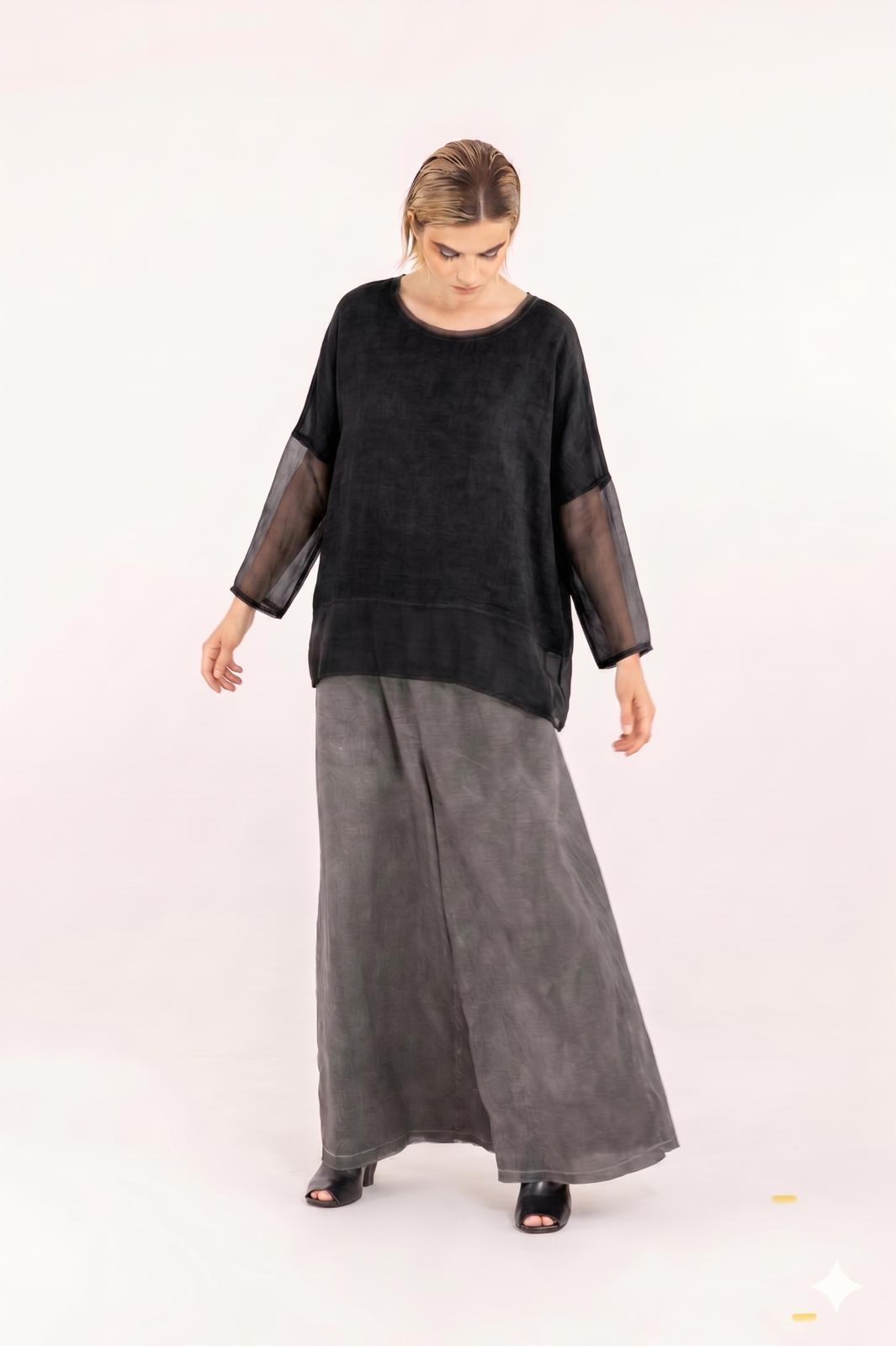 Sanctamuerte T-Shirt Boxy Shirt Viskose V-Ausschnitt Rüsche