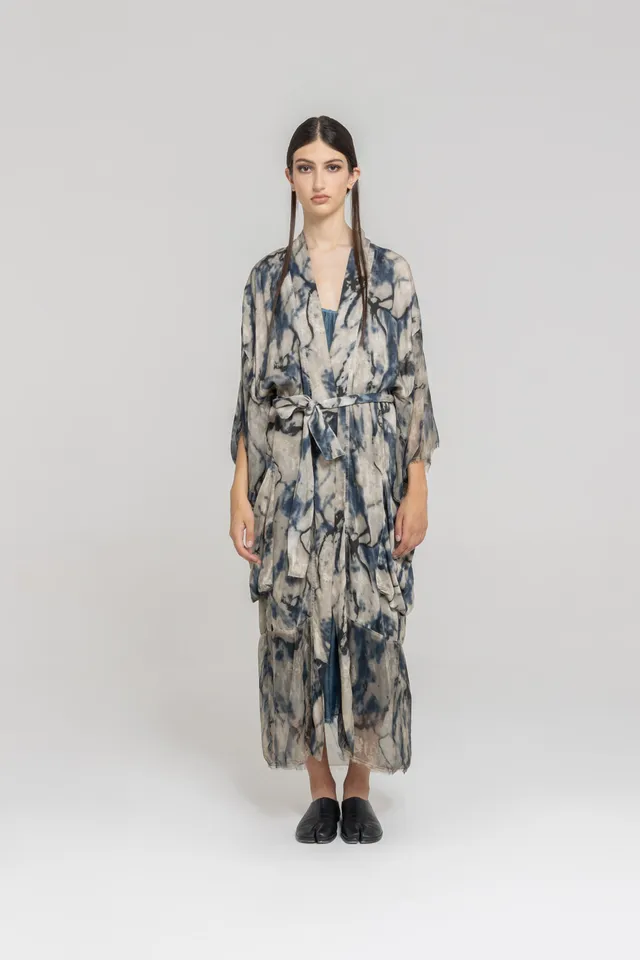 Sanctamuerte Abiti Kimono Kleid Viskose Marble-Print lang