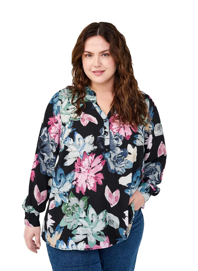 Zizzi Bluse Blumendruck Langarm Rüschenkragen 42-60