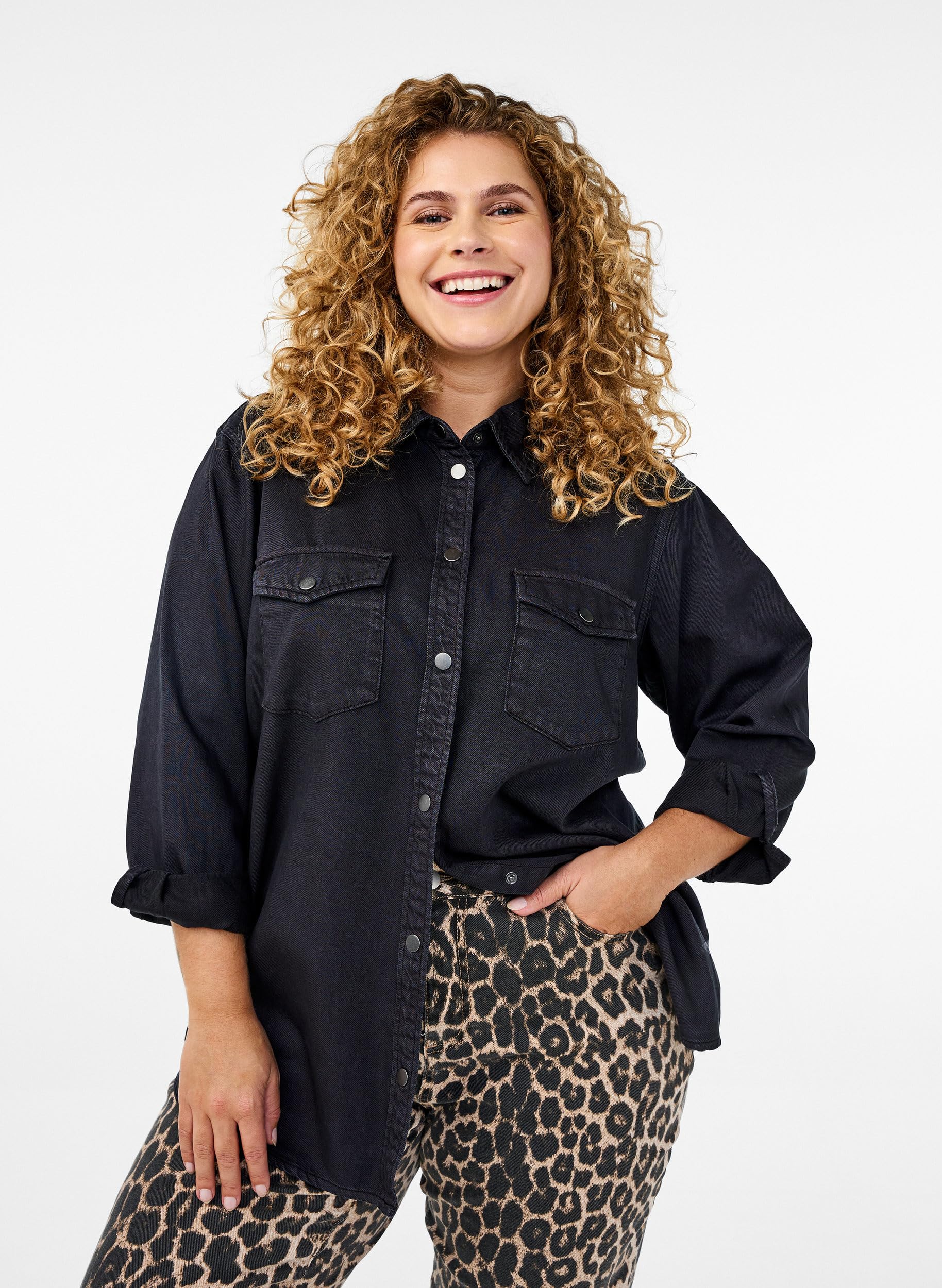 Zizzi Hemd Kragen Langarm Black Washed große Größen Bluse