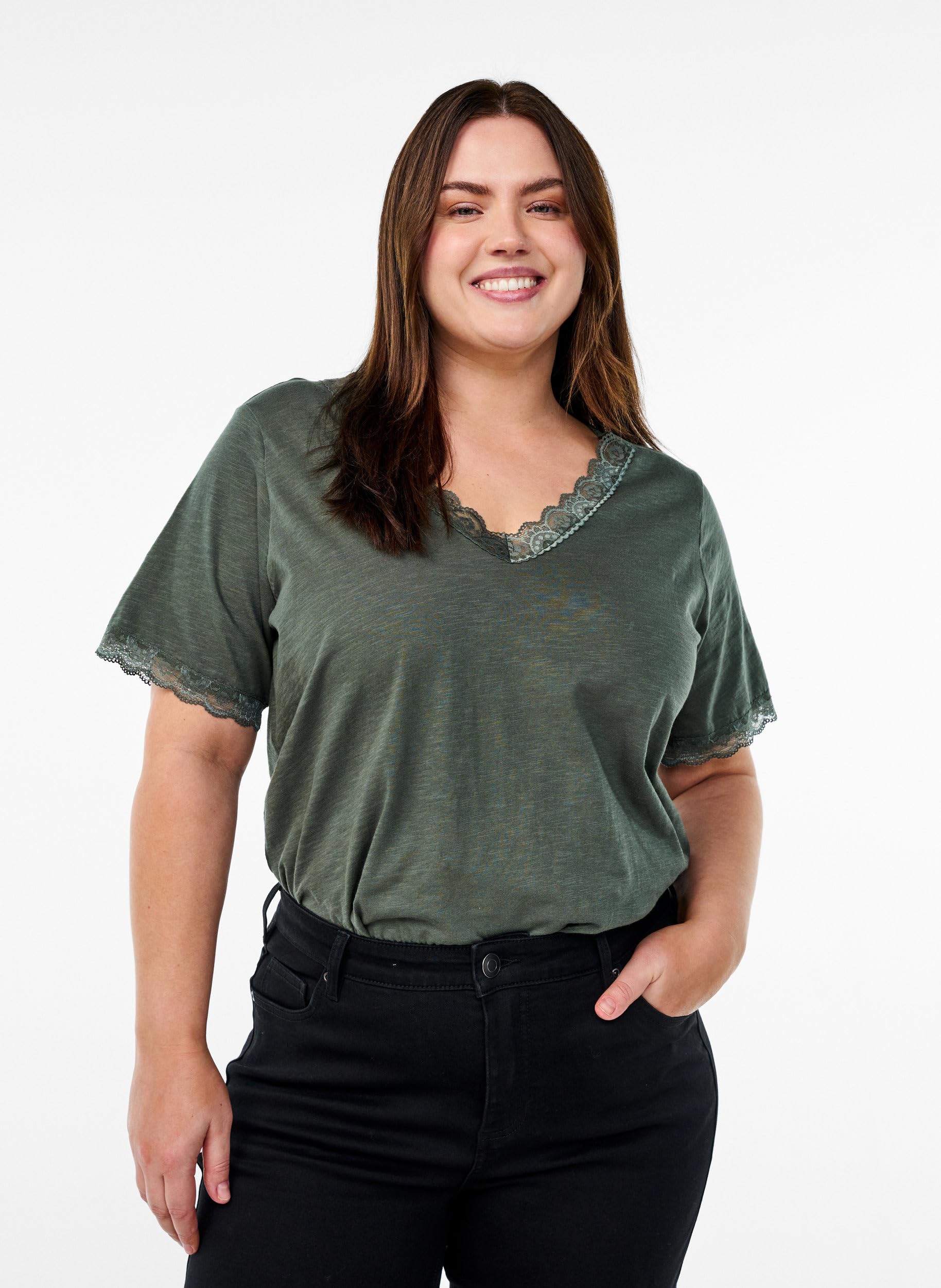 Zizzi T-Shirt V-Ausschnitt Spitze Baumwolle Große Größen