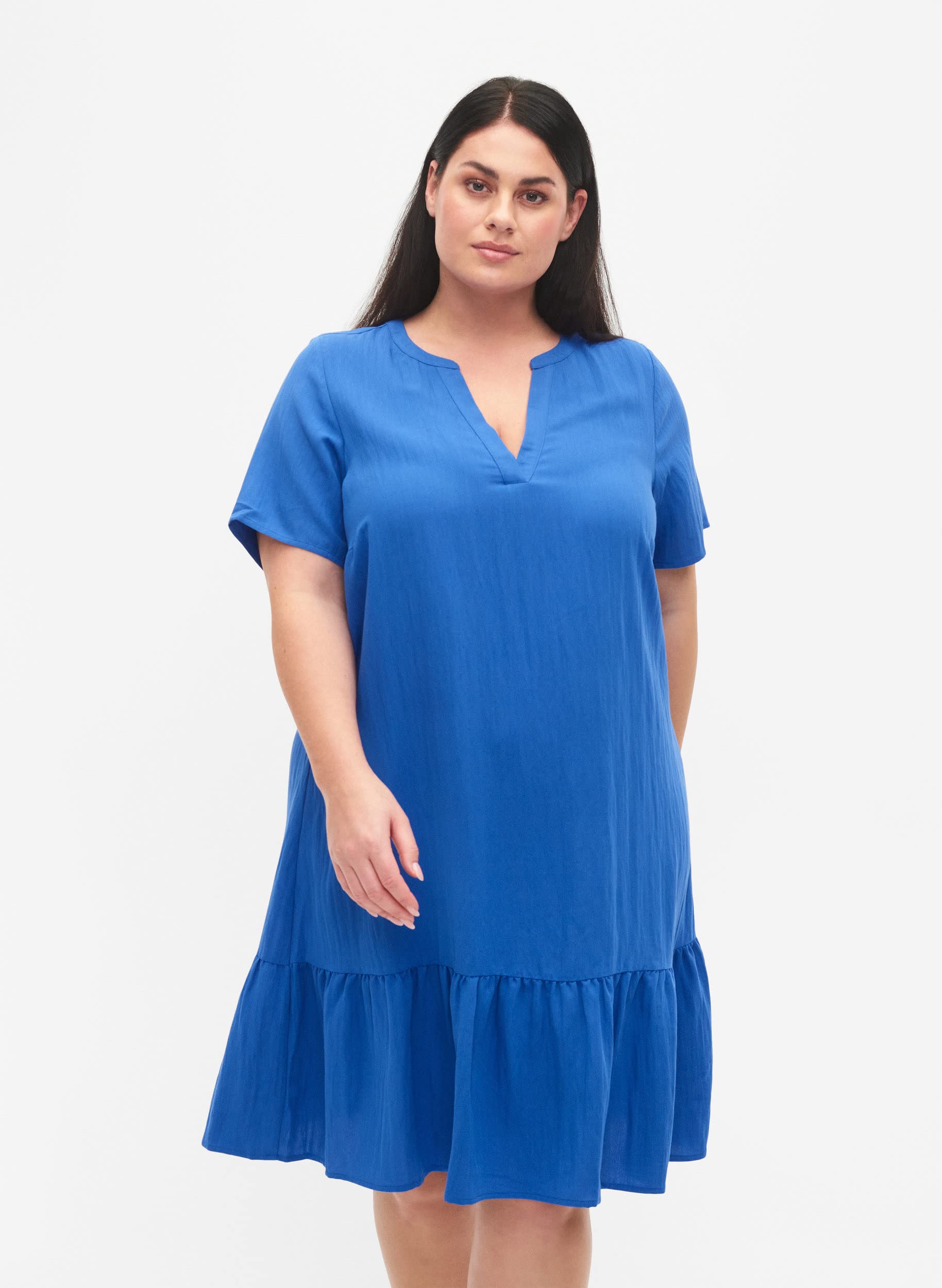 Zizzi Viskose Kleid Damen V-Ausschnitt Rüsche Kurzarm