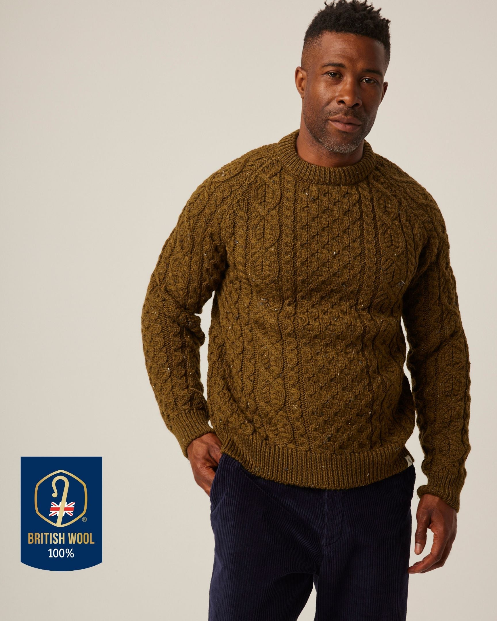 Peregrine Hudson Aran Pullover Olive British Wool