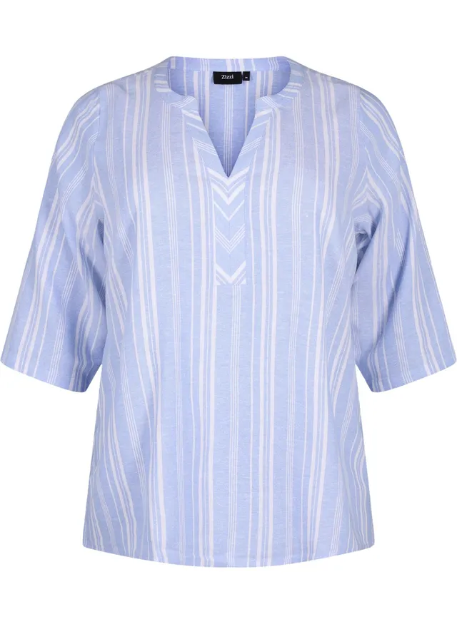 Zizzi Bluse 3/4-Arm Leinen Viskose Streifen 42-60