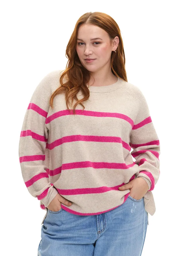 Zizzi Strickpullover Streifen Pullover Große Größen Rundhals Rippstrick