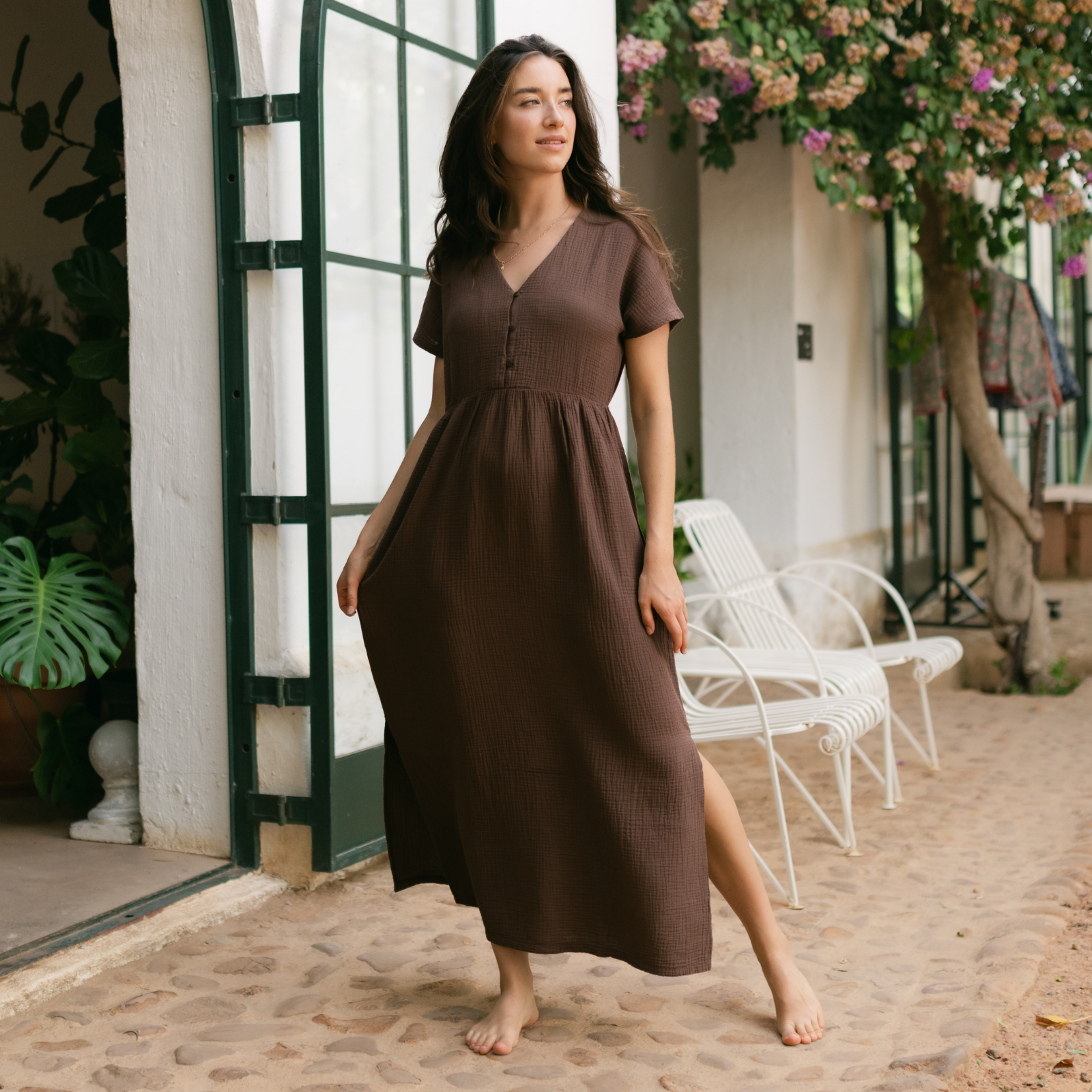 Nordlicht Alma Lang Musselin Kleid Braun Maxi
