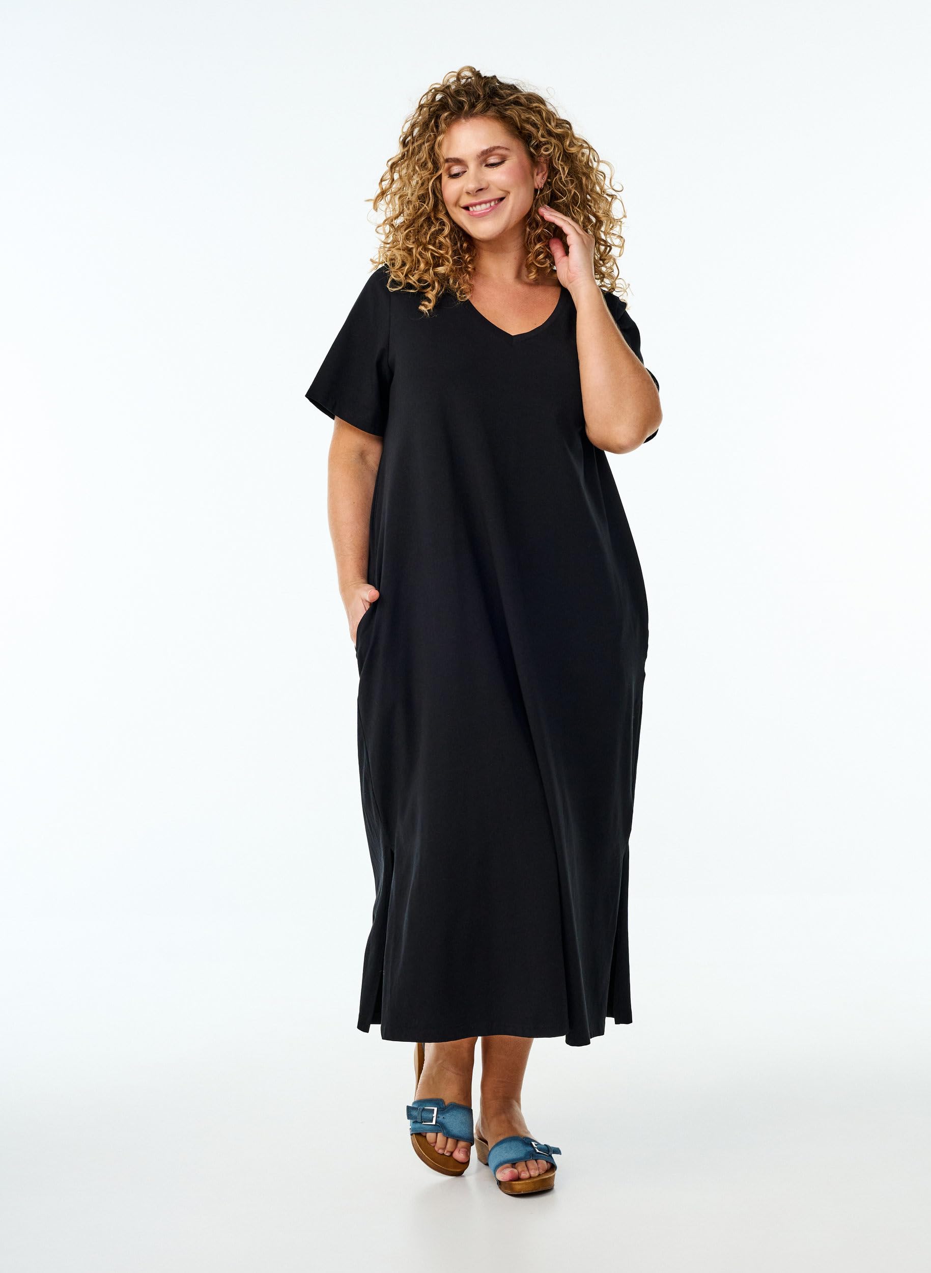 ZIZZI Dresses Midi Kleid Kurzarm V-Ausschnitt Schwarz Baumwolle