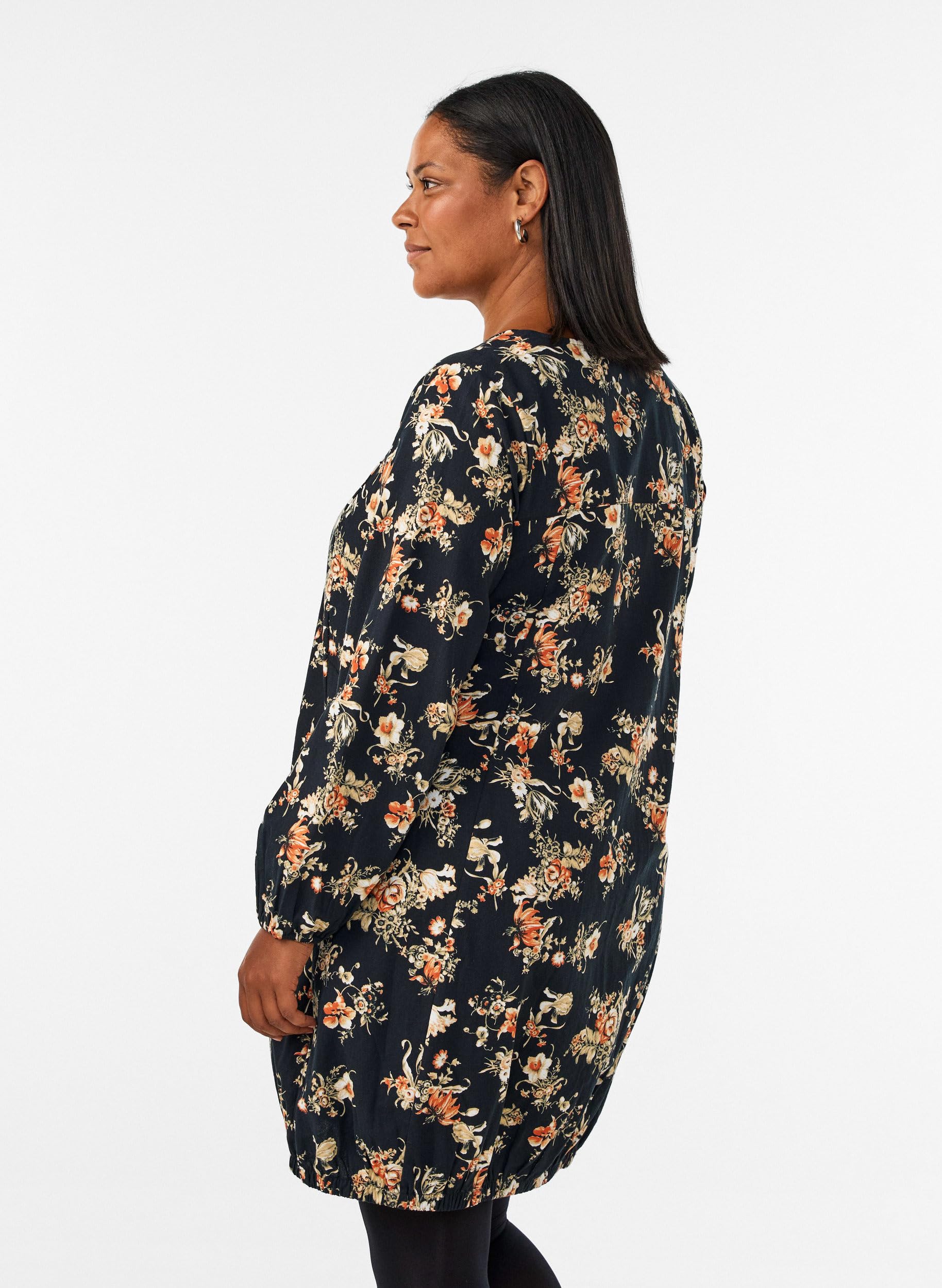 Zizzi Kleid Kurz Lange Ärmel Baumwolle Große Größen Rundhals