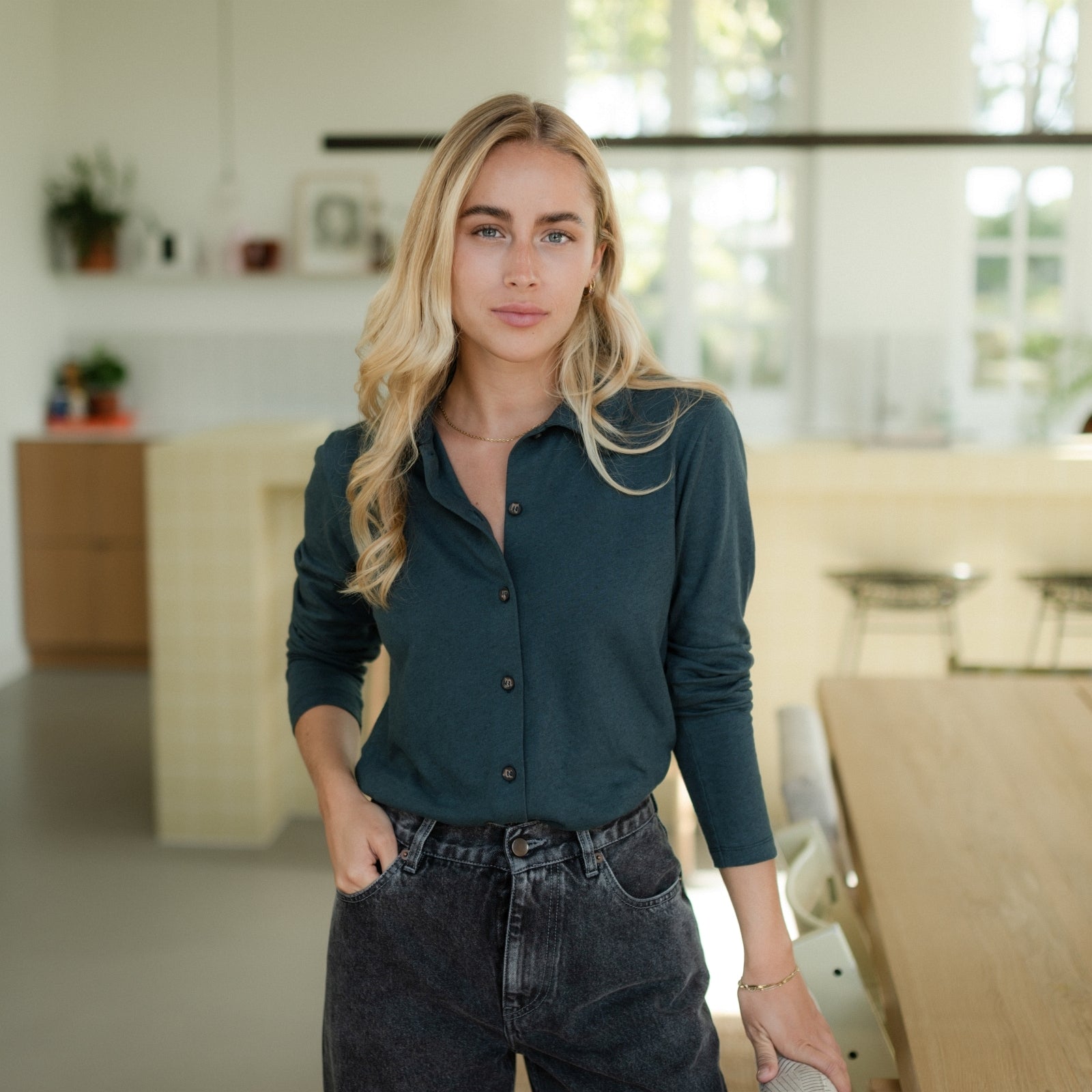 Nordlicht Sara Jersey Bluse Grün Leinenmix