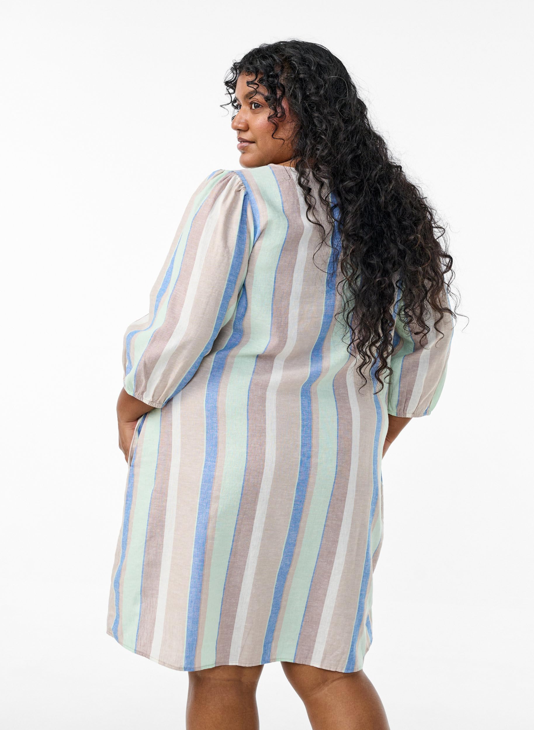 Zizzi Kleid 3/4-Ärmel Streifen Leinen-Viskose 42-60