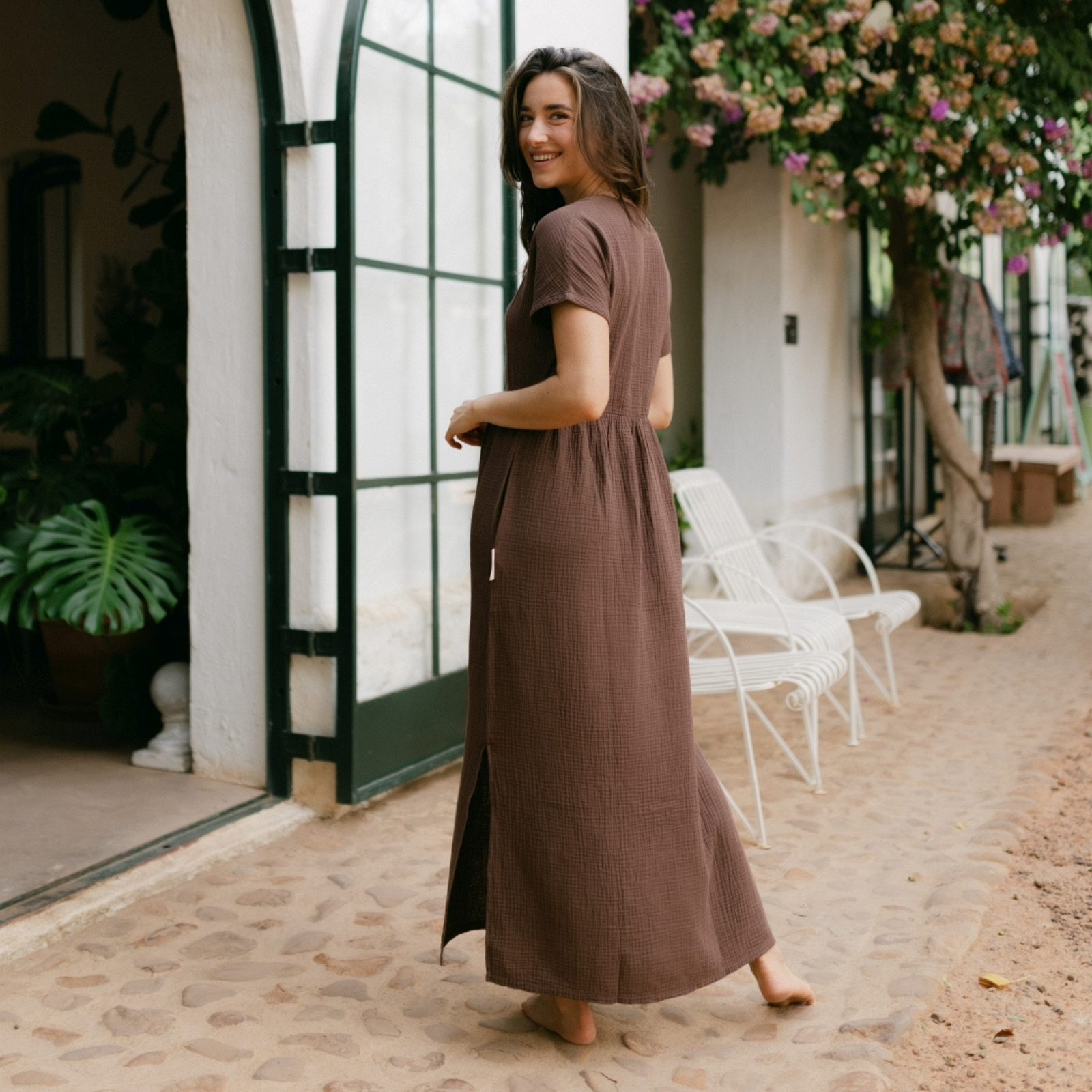 Nordlicht Alma Lang Musselin Kleid Braun Maxi