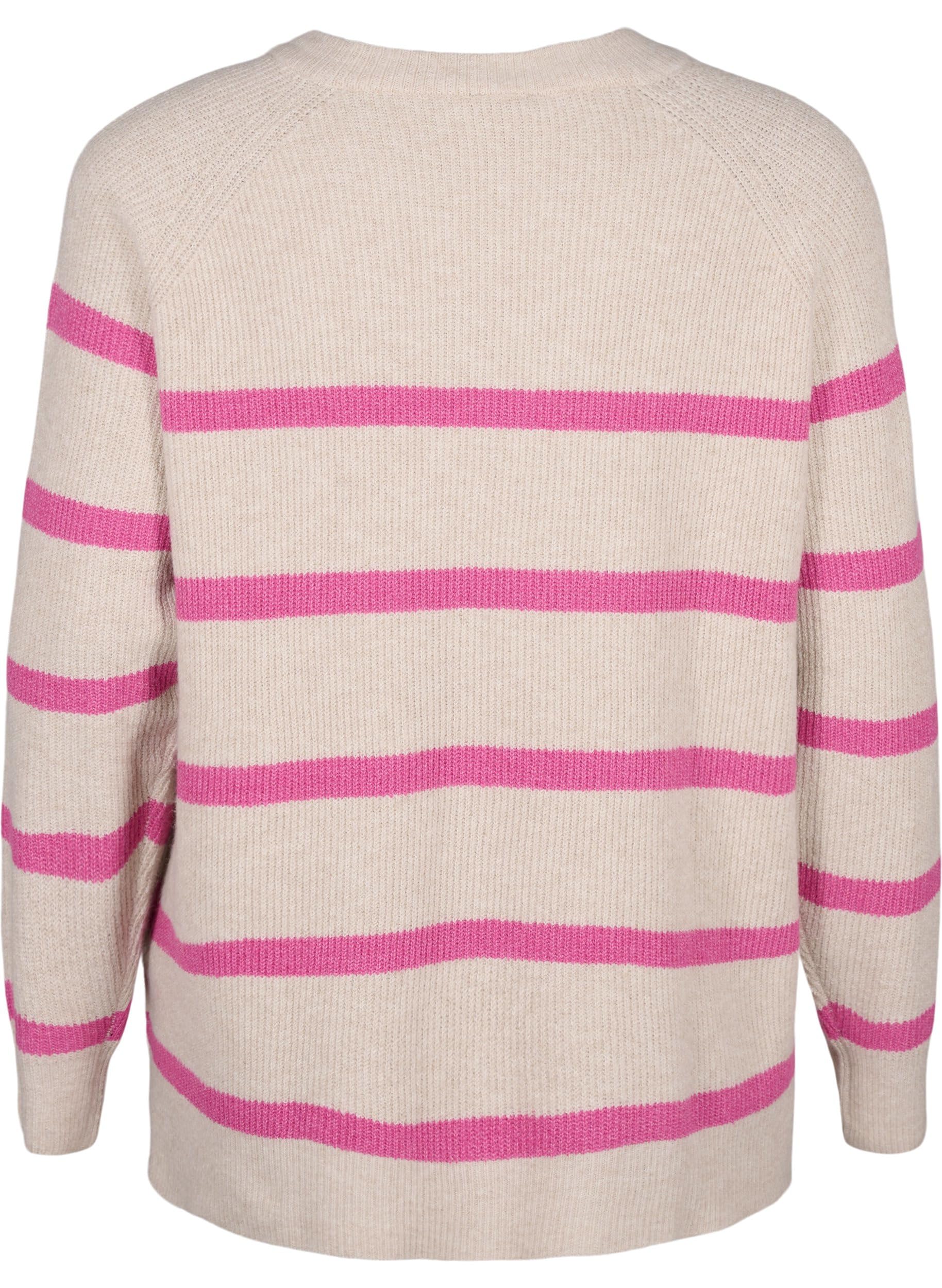 Zizzi Strickpullover Streifen Pullover Große Größen Rundhals Rippstrick