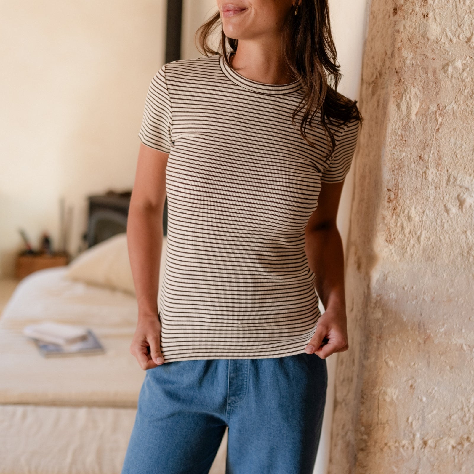 NORDLICHT Elvie Ripp T-Shirt gestreift Braun Kapok