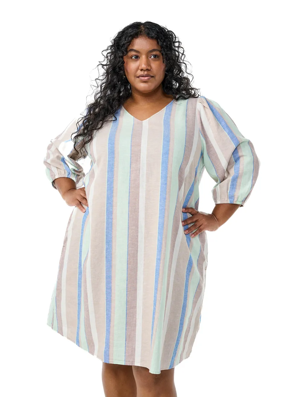 Zizzi Kleid 3/4-Ärmel Streifen Leinen-Viskose 42-60