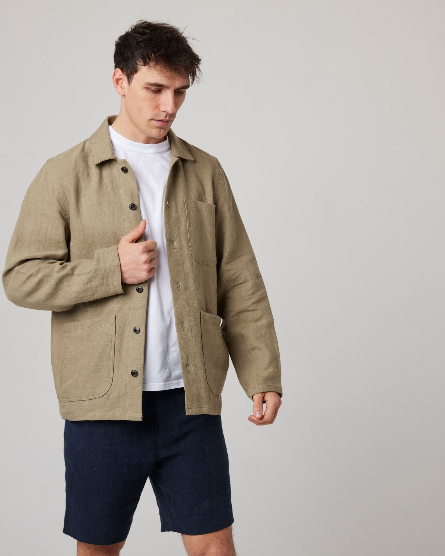 Peregrine Windsor Linen Shacket Hemdjacke Navy Stripe Leinen
