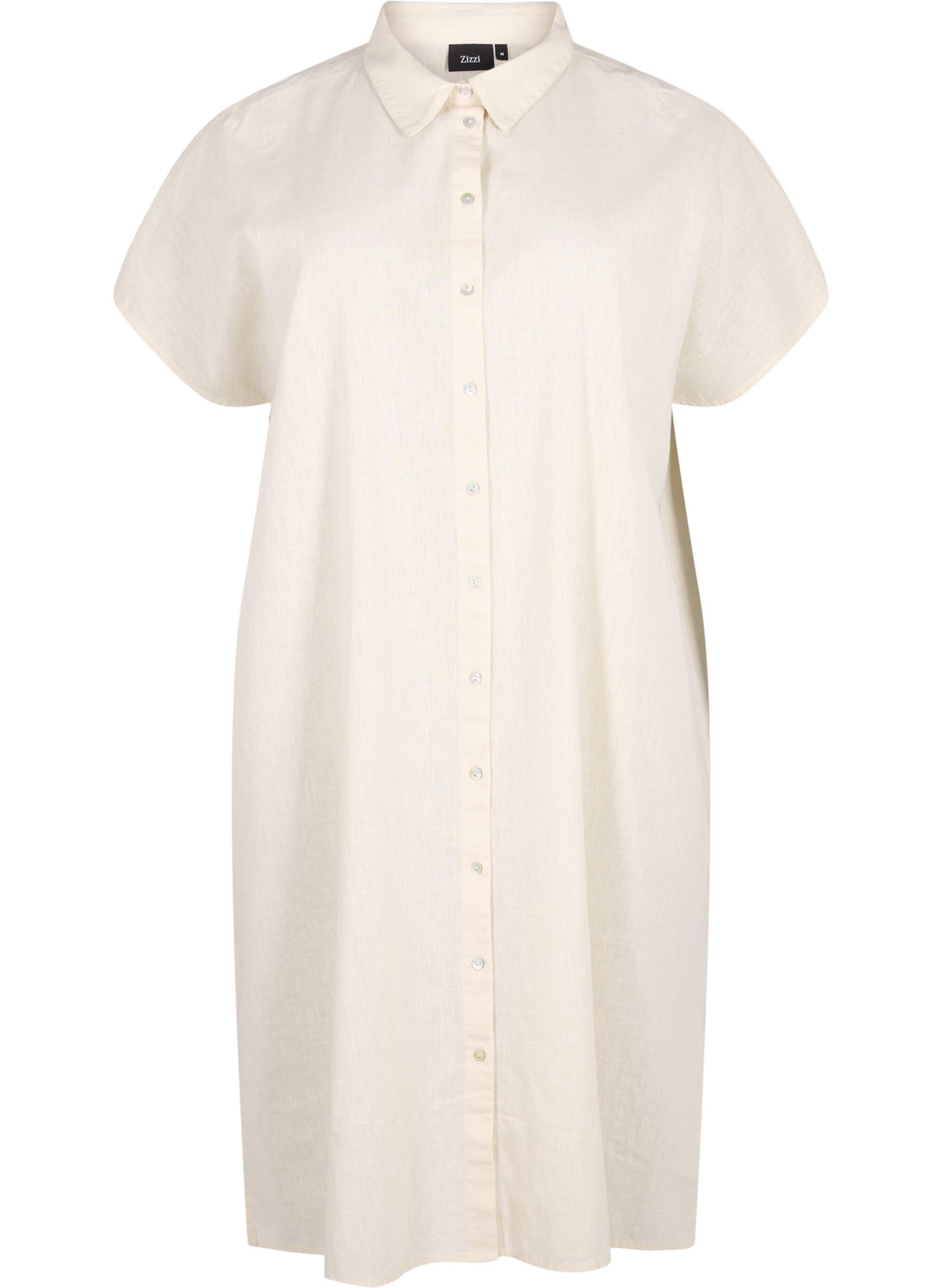 Zizzi Blouses Hemd Lang Baumwolle-Leinen Kurzarm