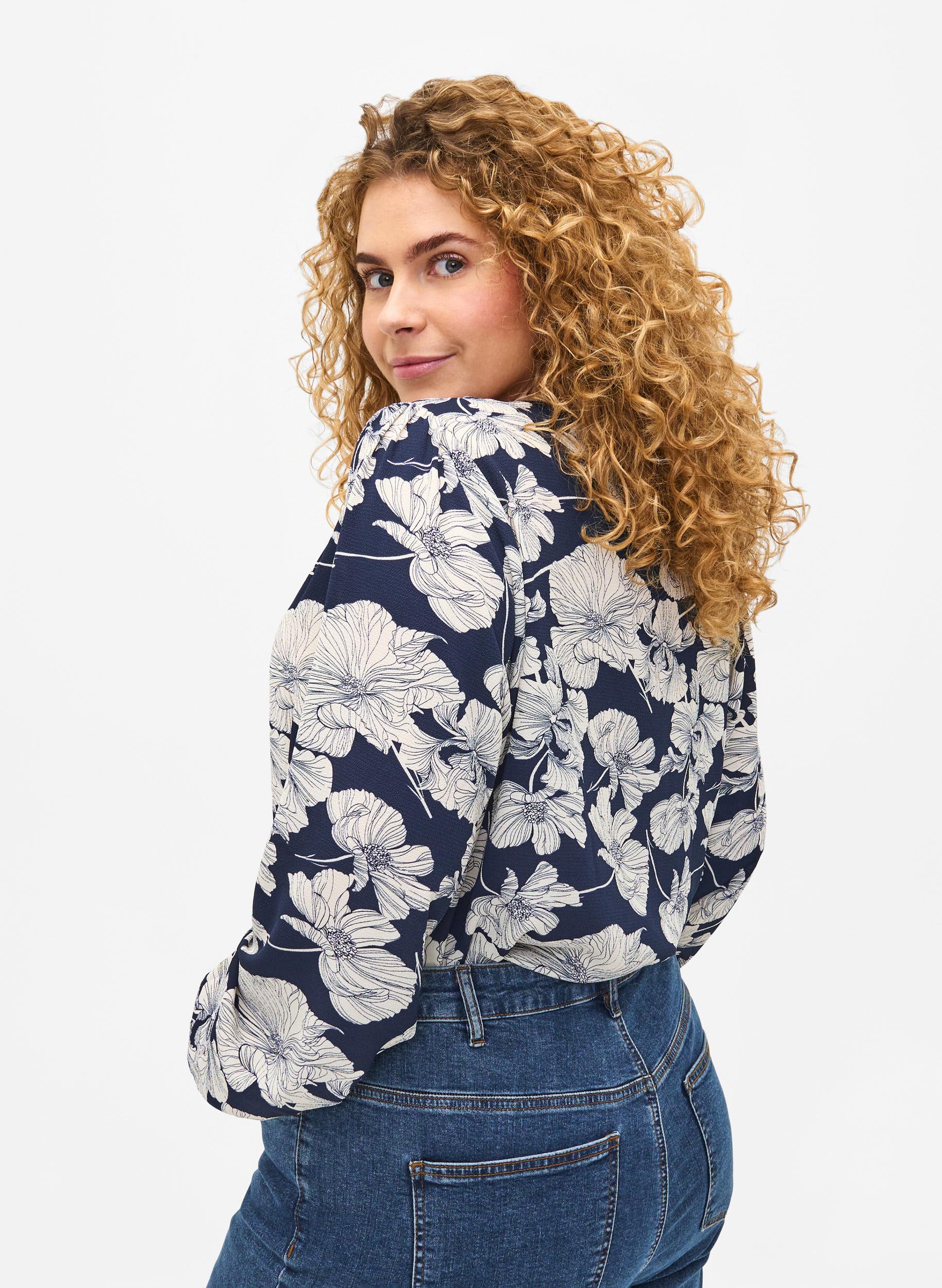 Zizzi Hemdbluse V-Ausschnitt Print Langarm
