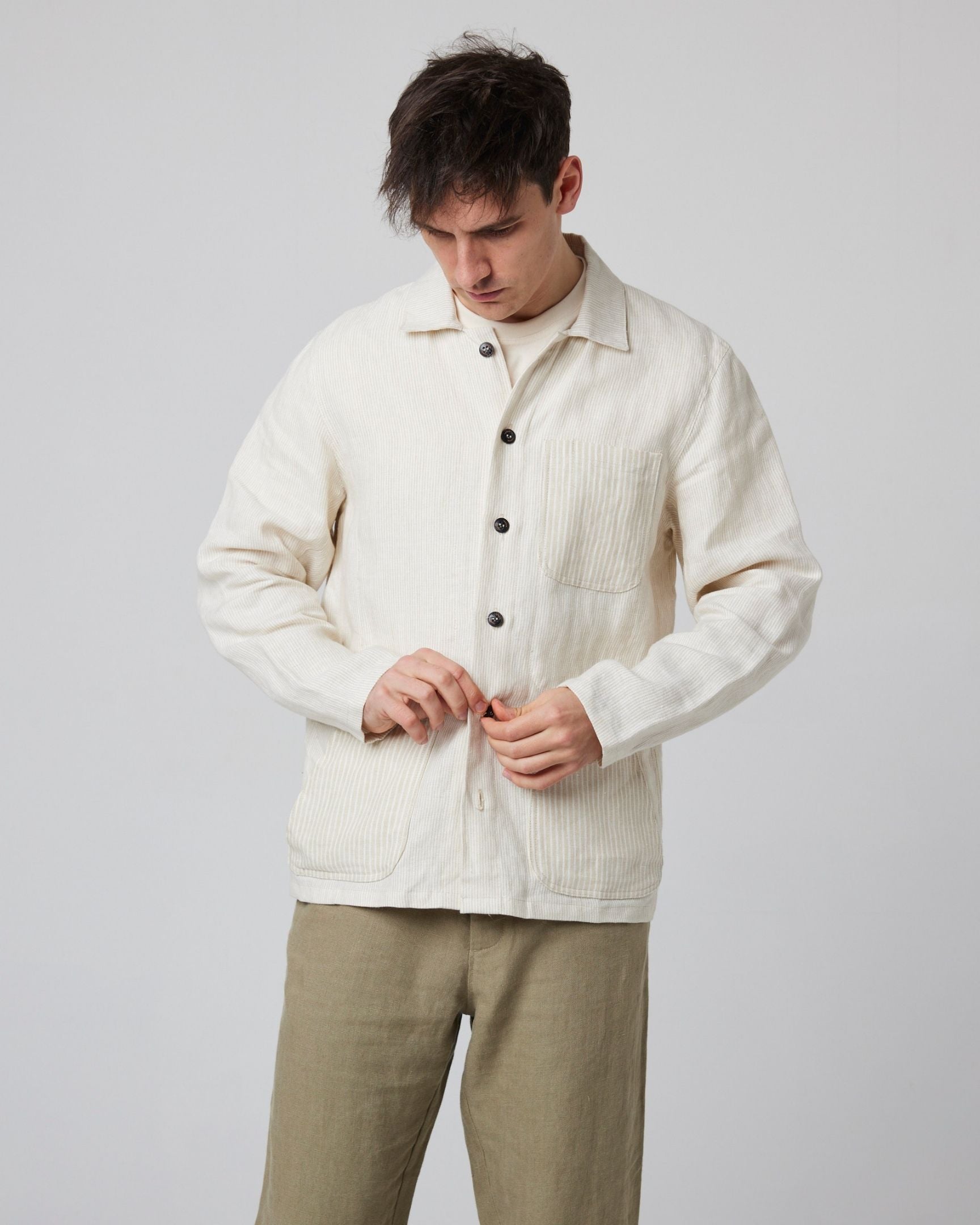 Peregrine Windsor Linen Shacket Hemdjacke Navy Stripe Leinen