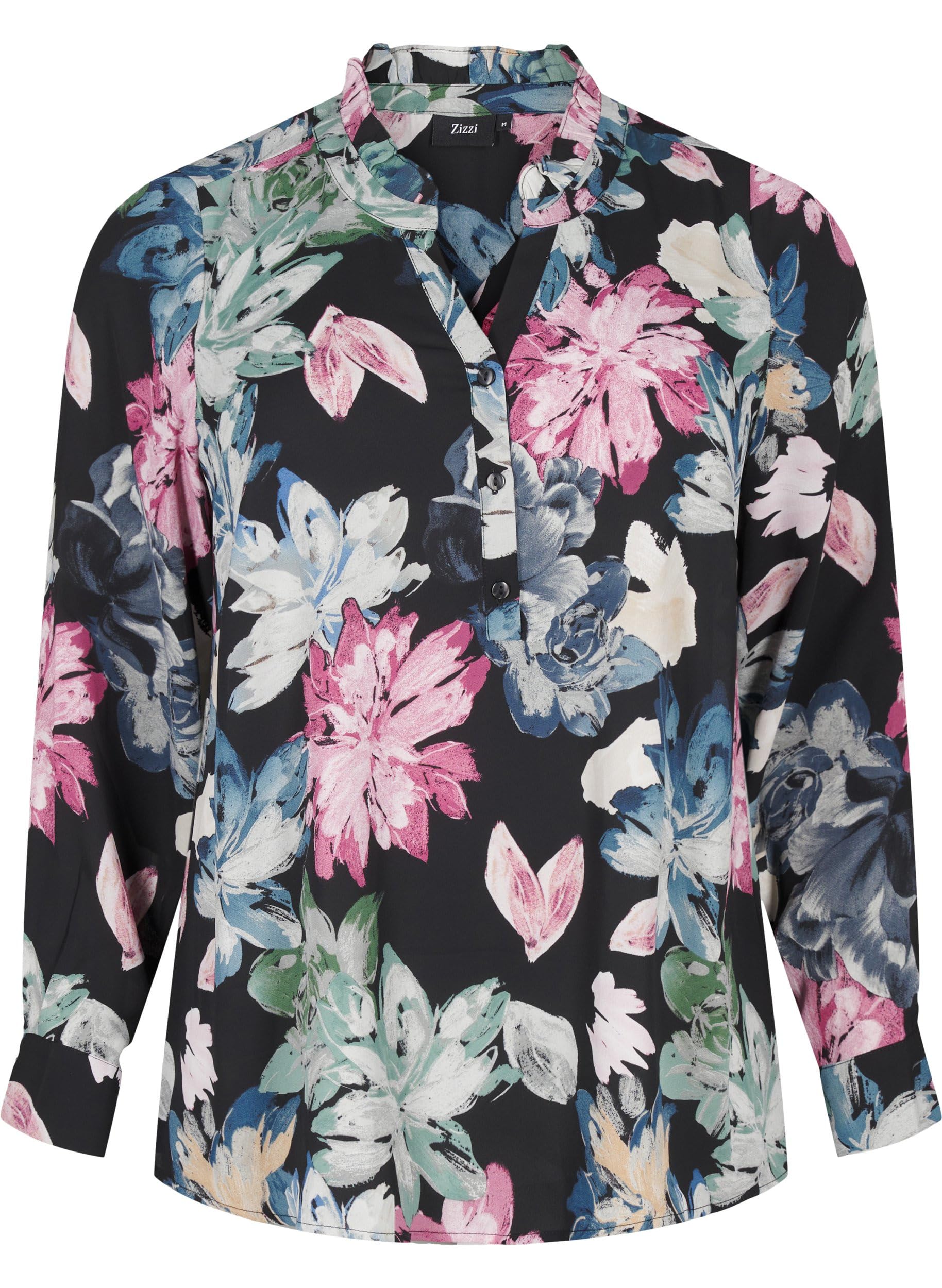 Zizzi Bluse Blumendruck Langarm Rüschenkragen 42-60
