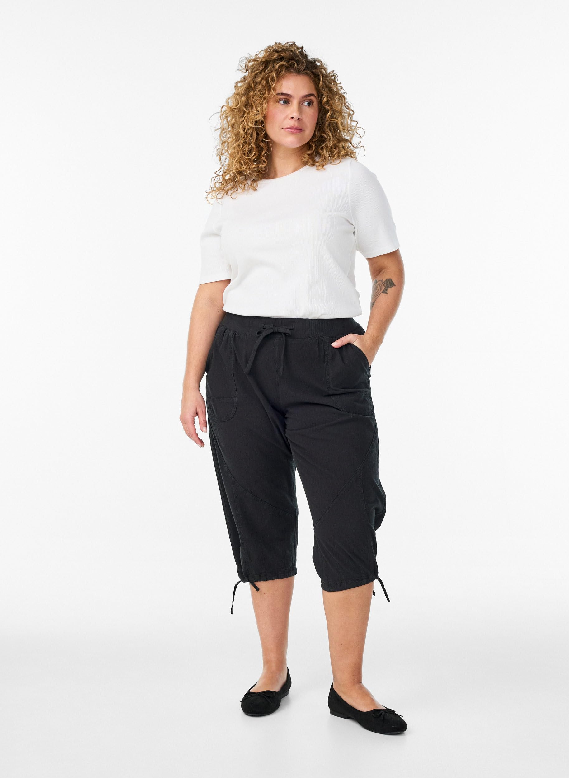 Zizzi 3/4 Hose Capri Baumwolle Taschen lockere Passform