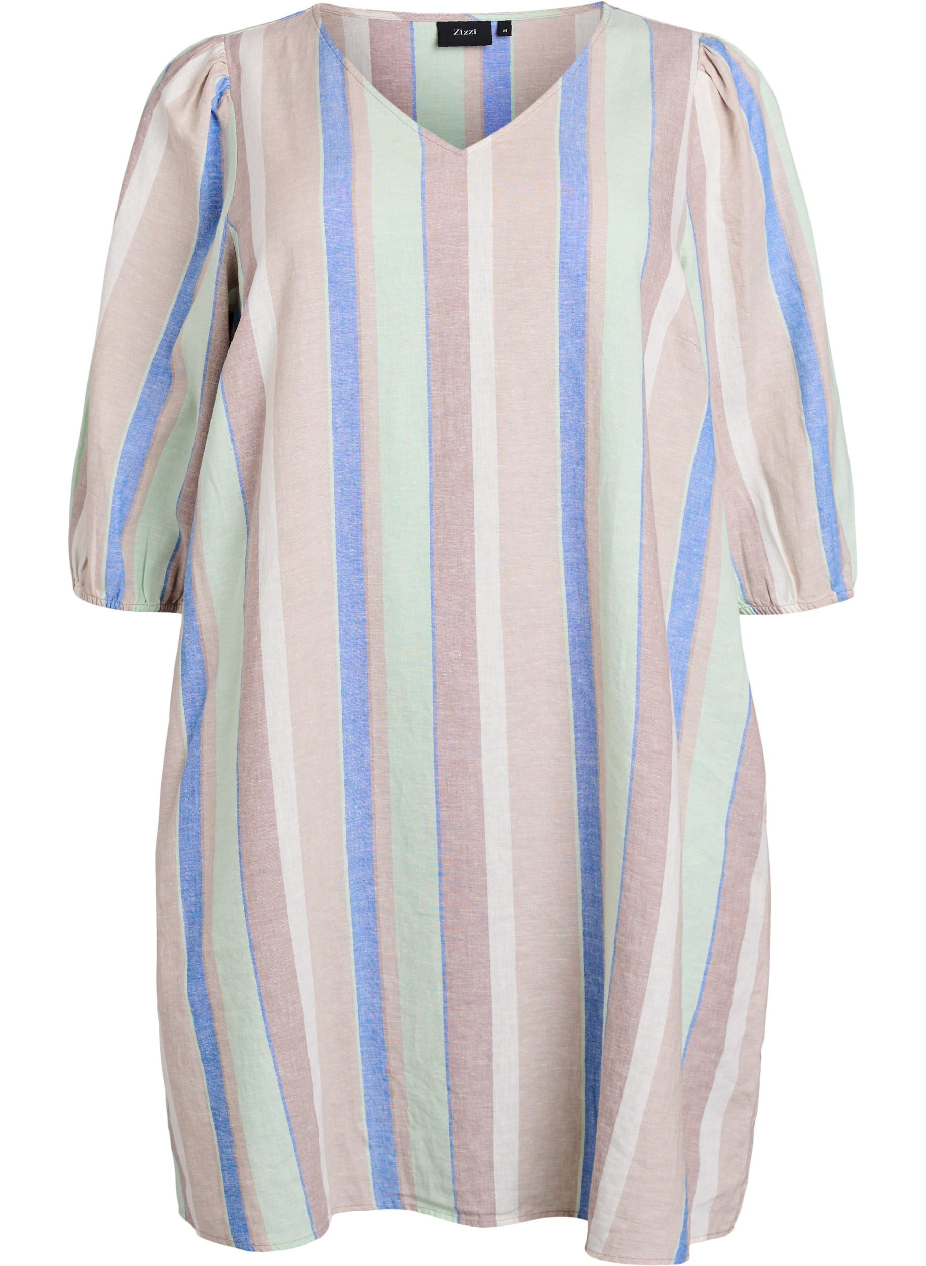 Zizzi Kleid 3/4-Ärmel Streifen Leinen-Viskose 42-60
