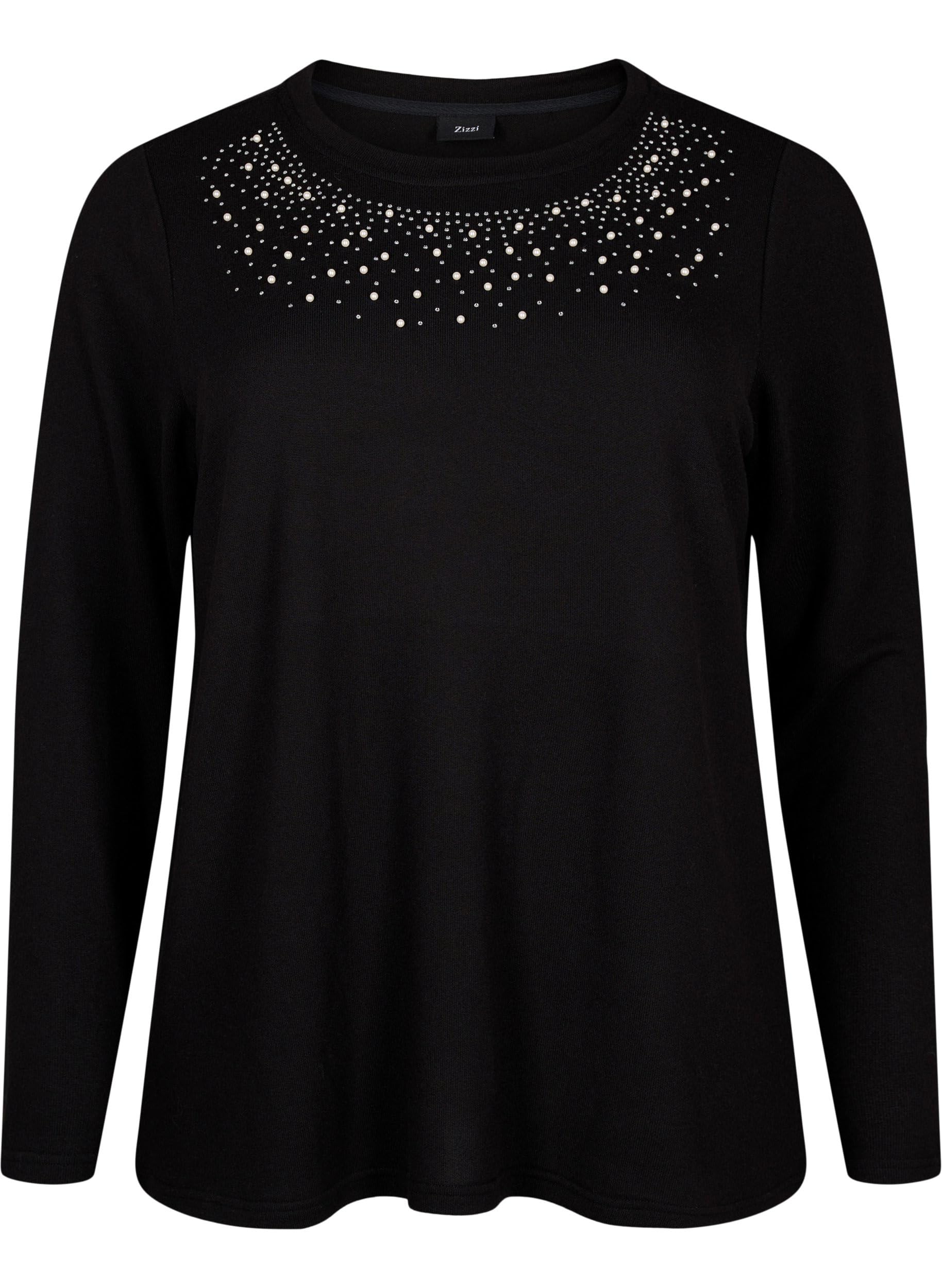 Zizzi Bluse Perlen Strass Langarm Rundhals Große Größen