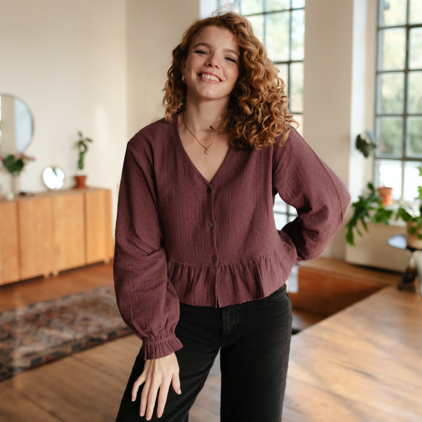 Nordlicht Selma Musselin Bluse Punkte Aubergine Bio-Baumwolle
