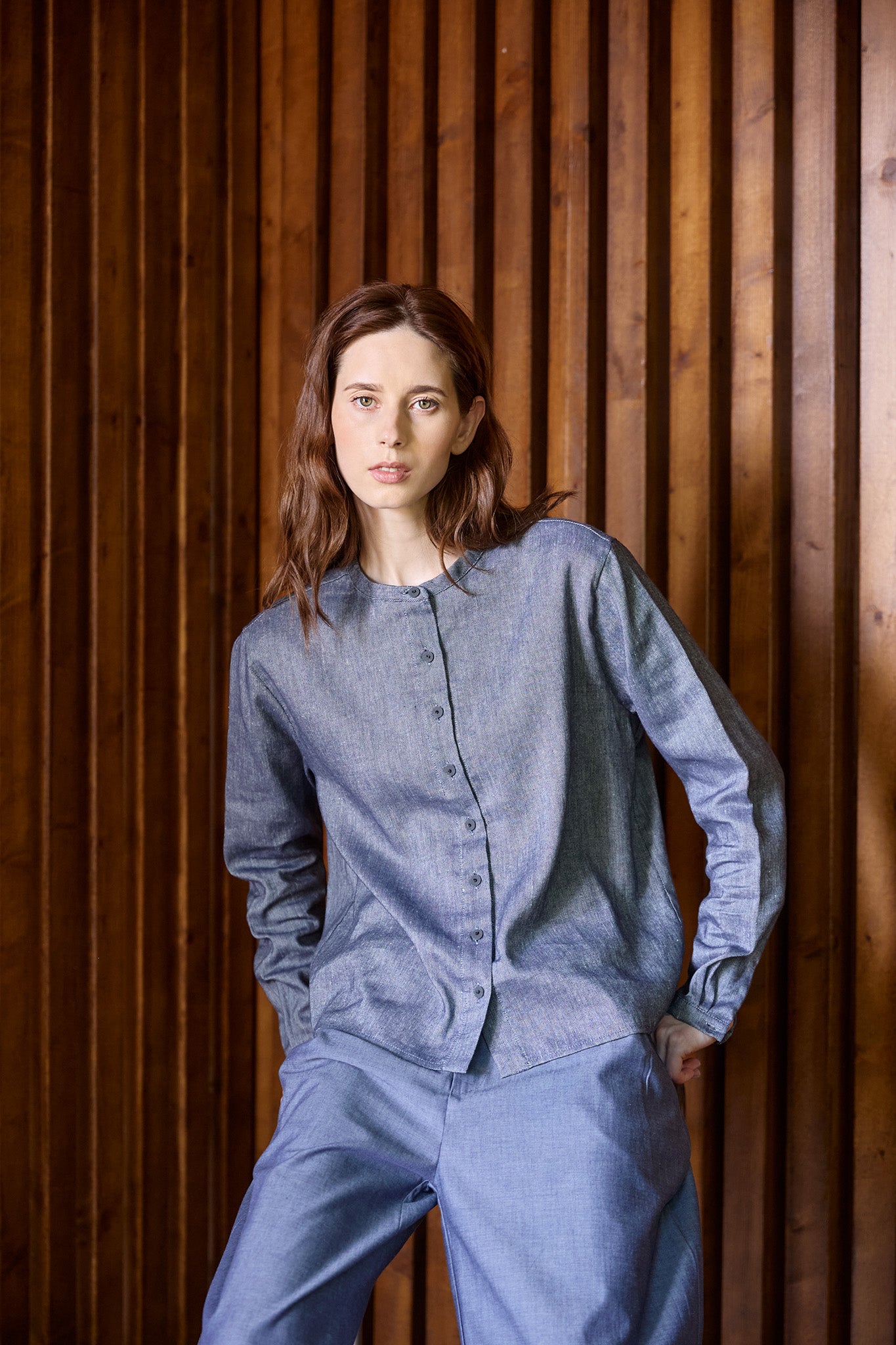 Christiane Strobel ELIF Bluse Chambray-Blau Baumwolle-Leinen