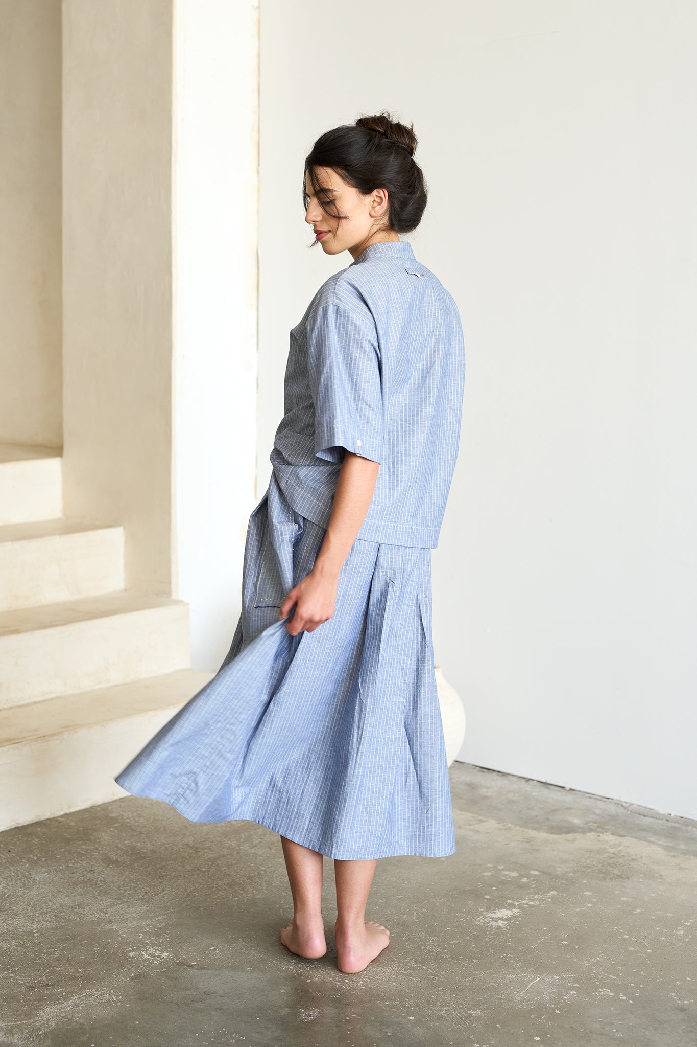 Christiane Strobel ANNY Rock Midi A-Linie Babyblau Nadelstreifen