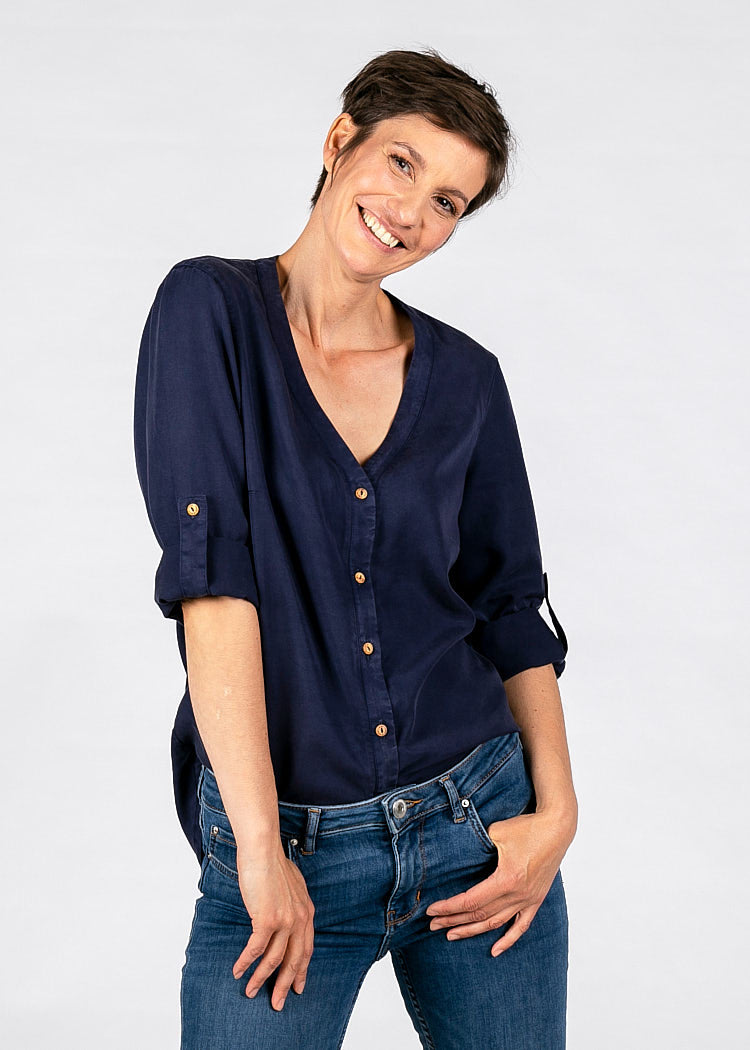 Wijld V-Ausschnitt Bluse Maritim Blue Damen Lyocell