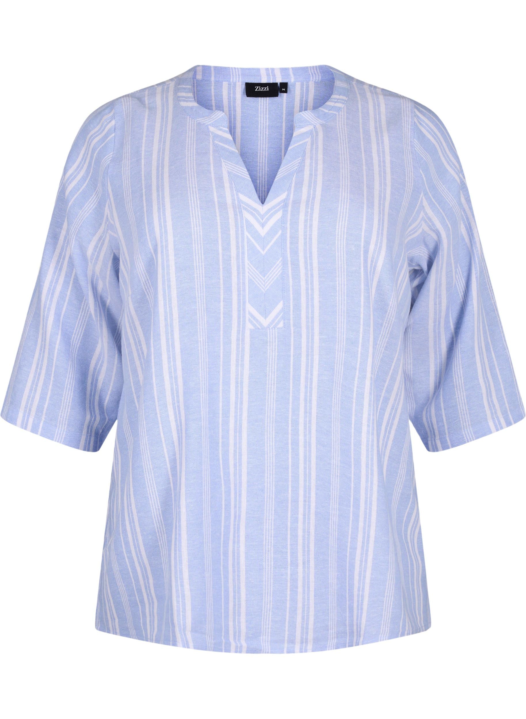 Zizzi Bluse 3/4-Arm Leinen Viskose Streifen 42-60