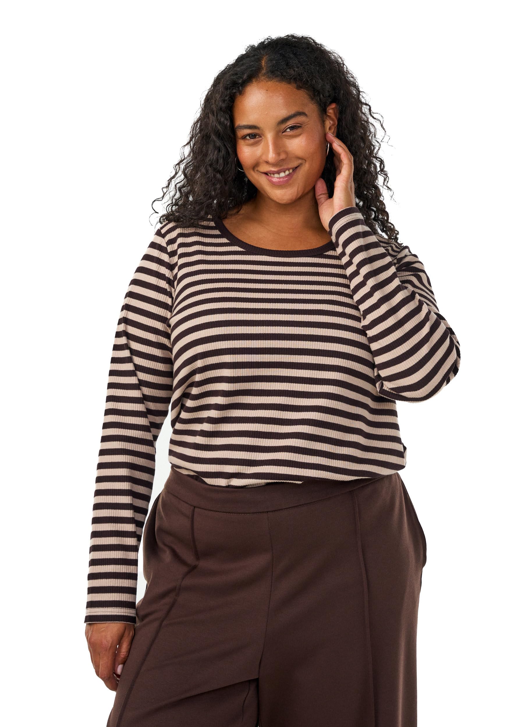 Zizzi Blouses Streifen-Bluse Langarm Baumwolle Black/White 50-52