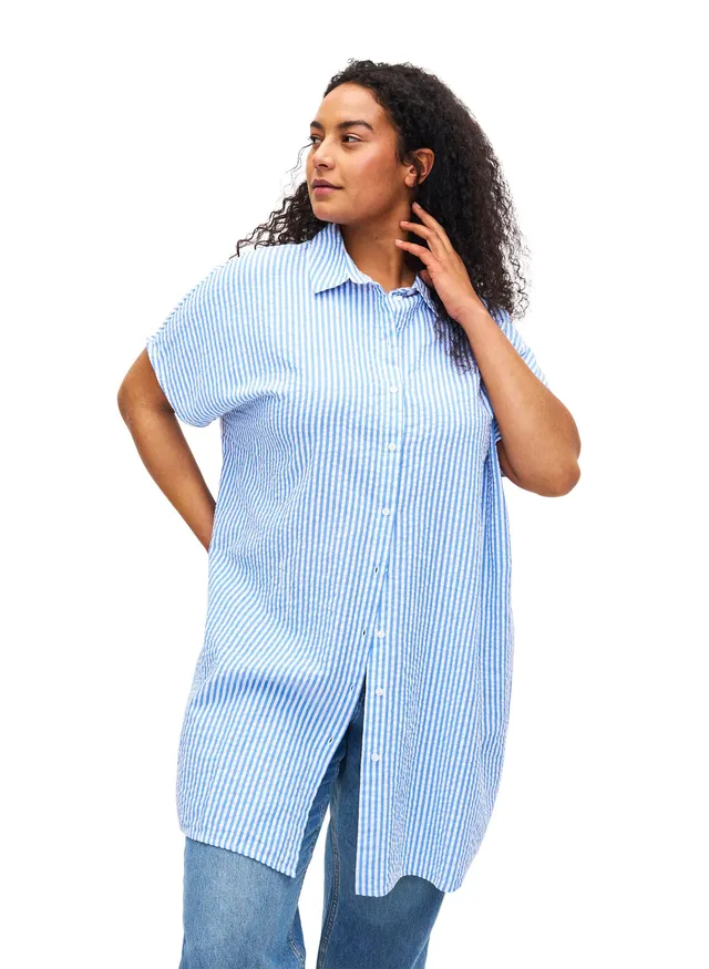 Zizzi T-Shirts Langes Shirt M 46/48 Light Blue Stripe Baumwolle
