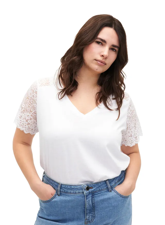 Zizzi T-Shirts & Tops T-Shirt V-Ausschnitt Spitze Baumwolle