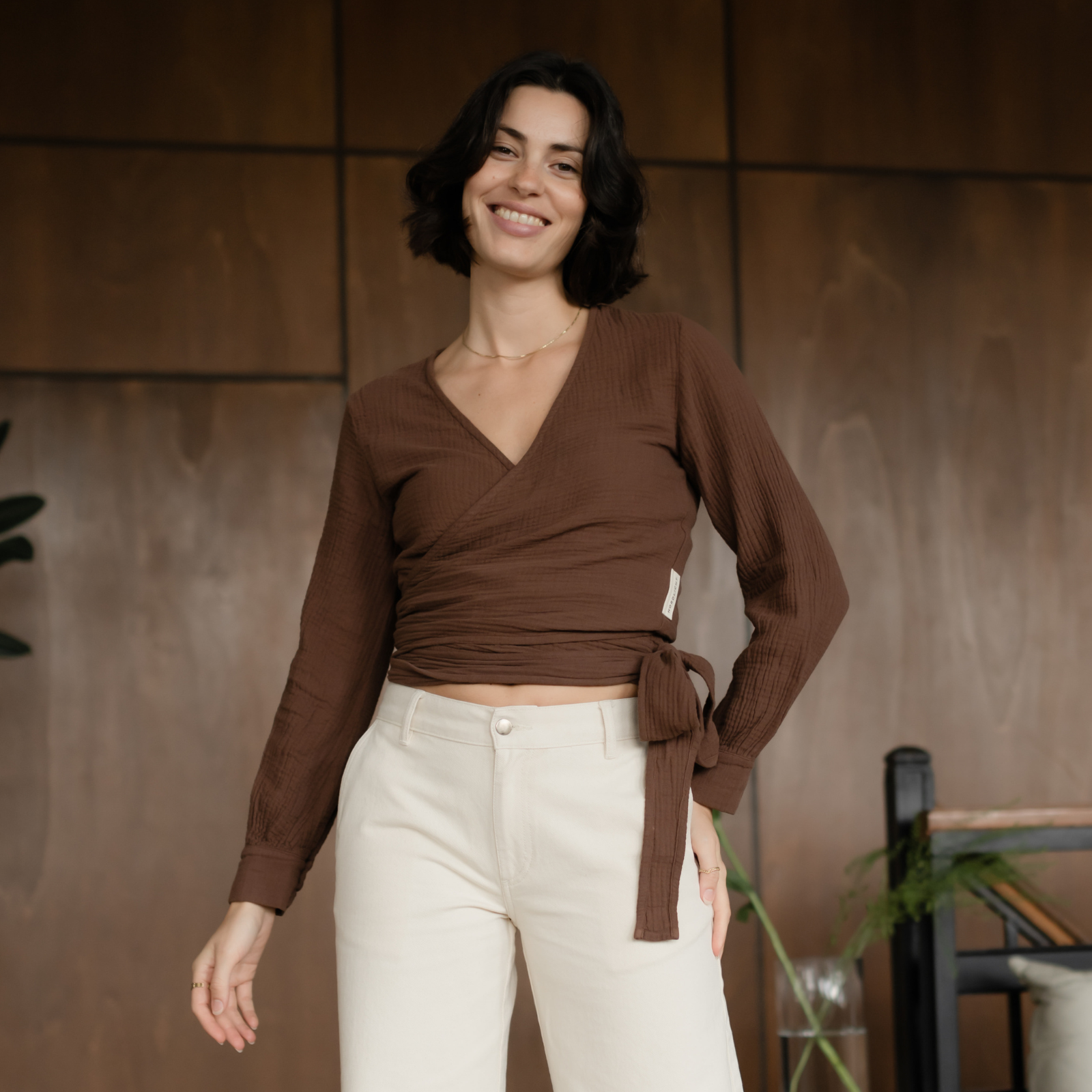 Nordlicht Freda Musselin Wickelbluse Braun M Bio-Baumwolle
