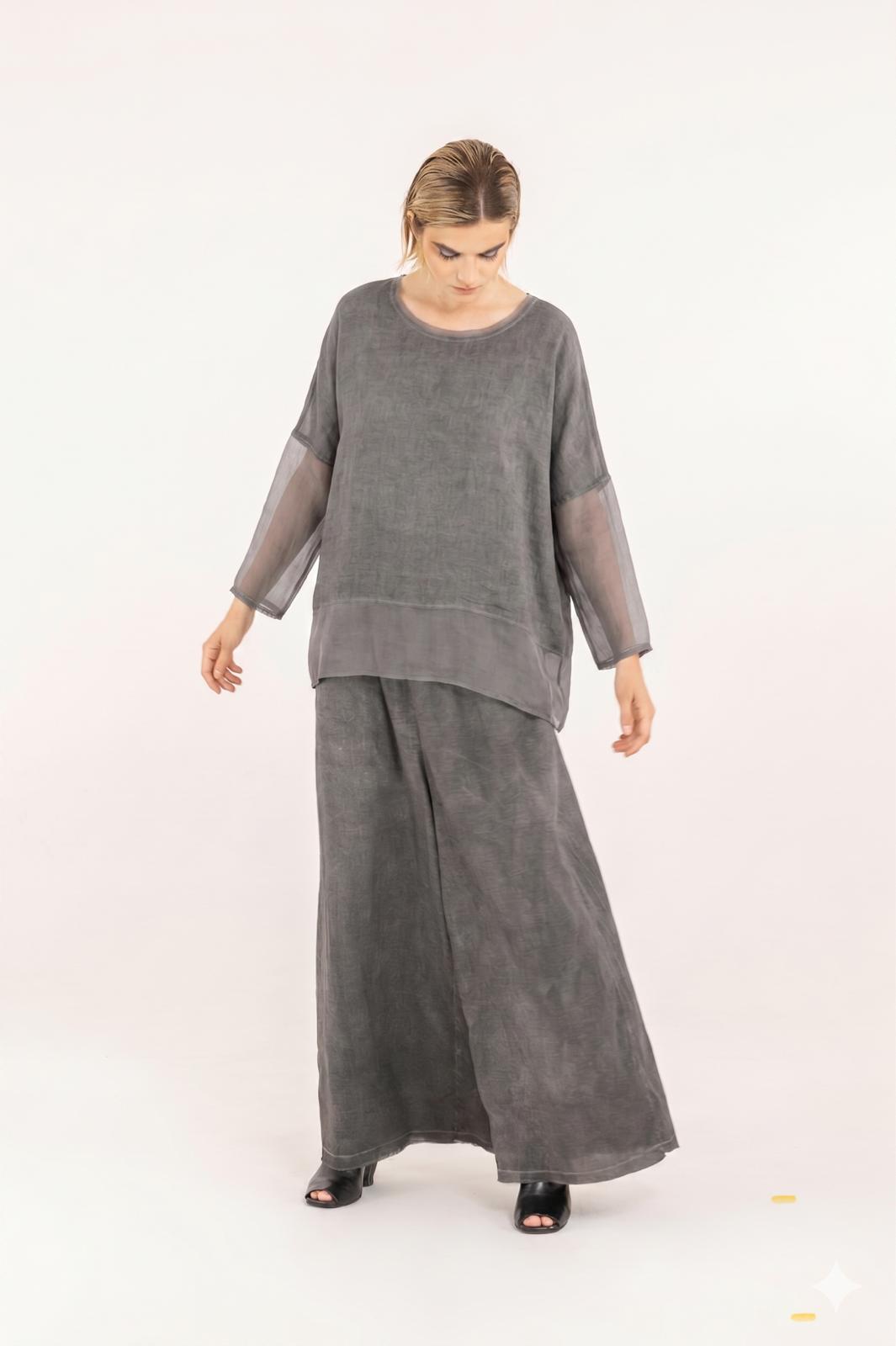 Sanctamuerte T-Shirt Boxy Shirt Viskose V-Ausschnitt Rüsche