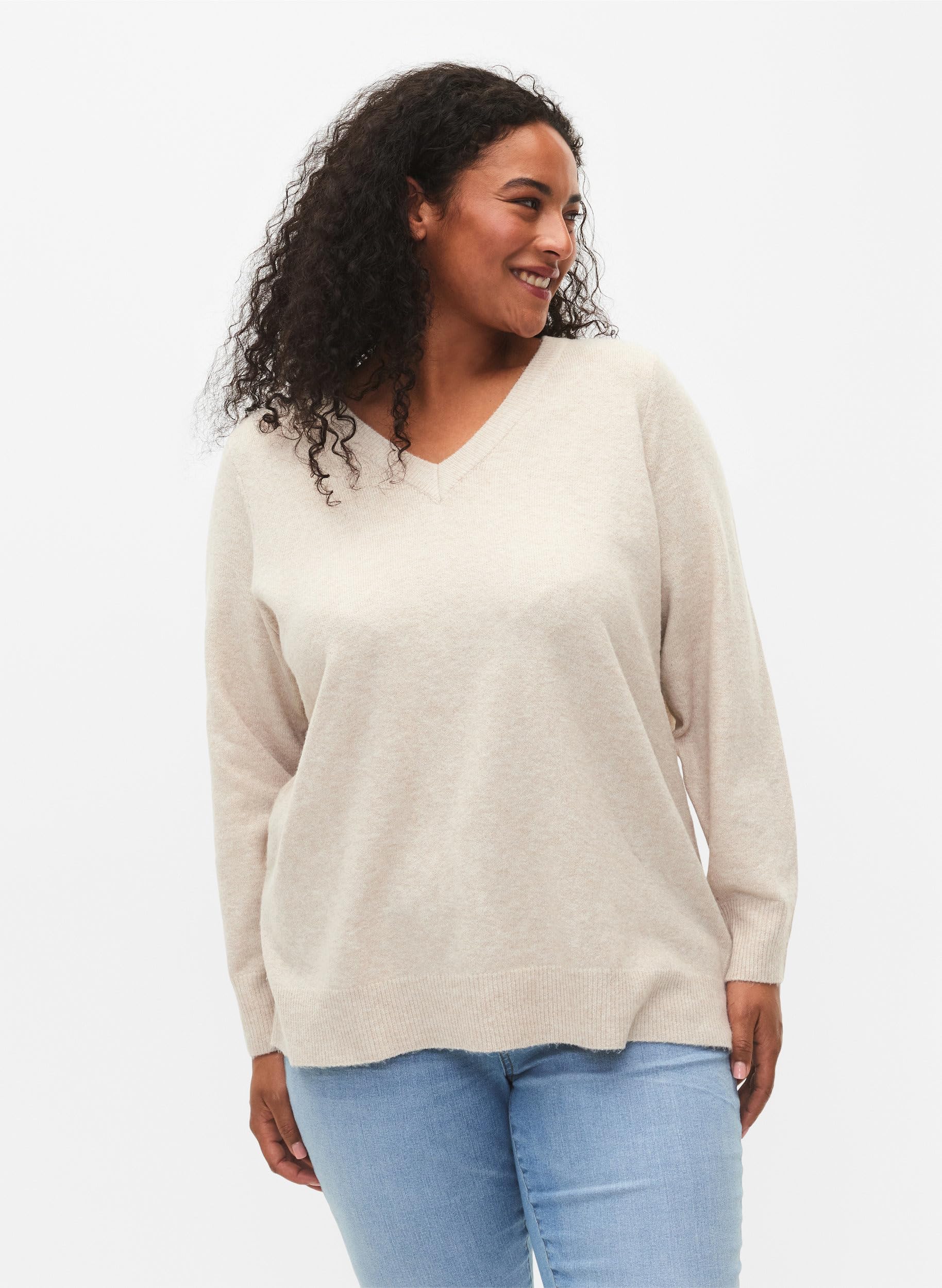 Zizzi Strickpullover Große Größen Melange V-Ausschnitt