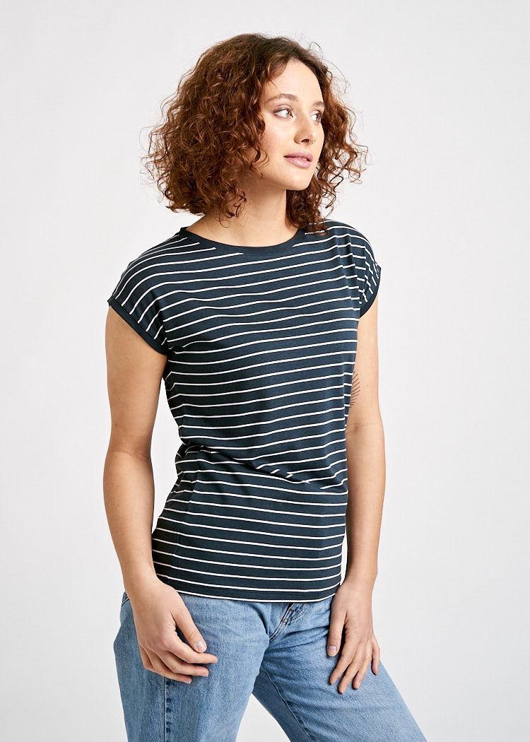 Wijld Elena WoodShirt Damen weiß Streifen Slim Lyocell