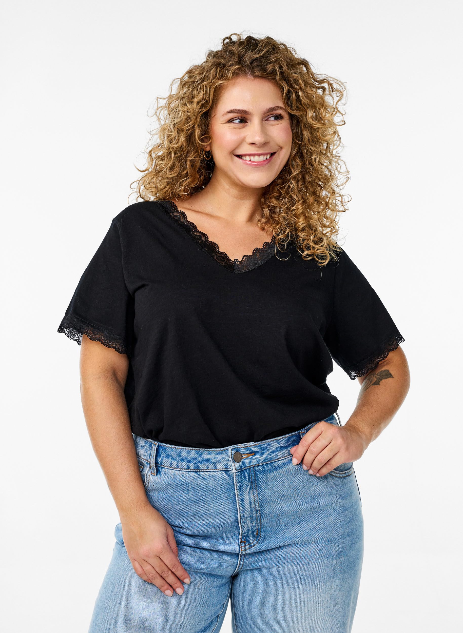 Zizzi T-Shirt Damen Baumwolle V-Ausschnitt Spitze große Größen
