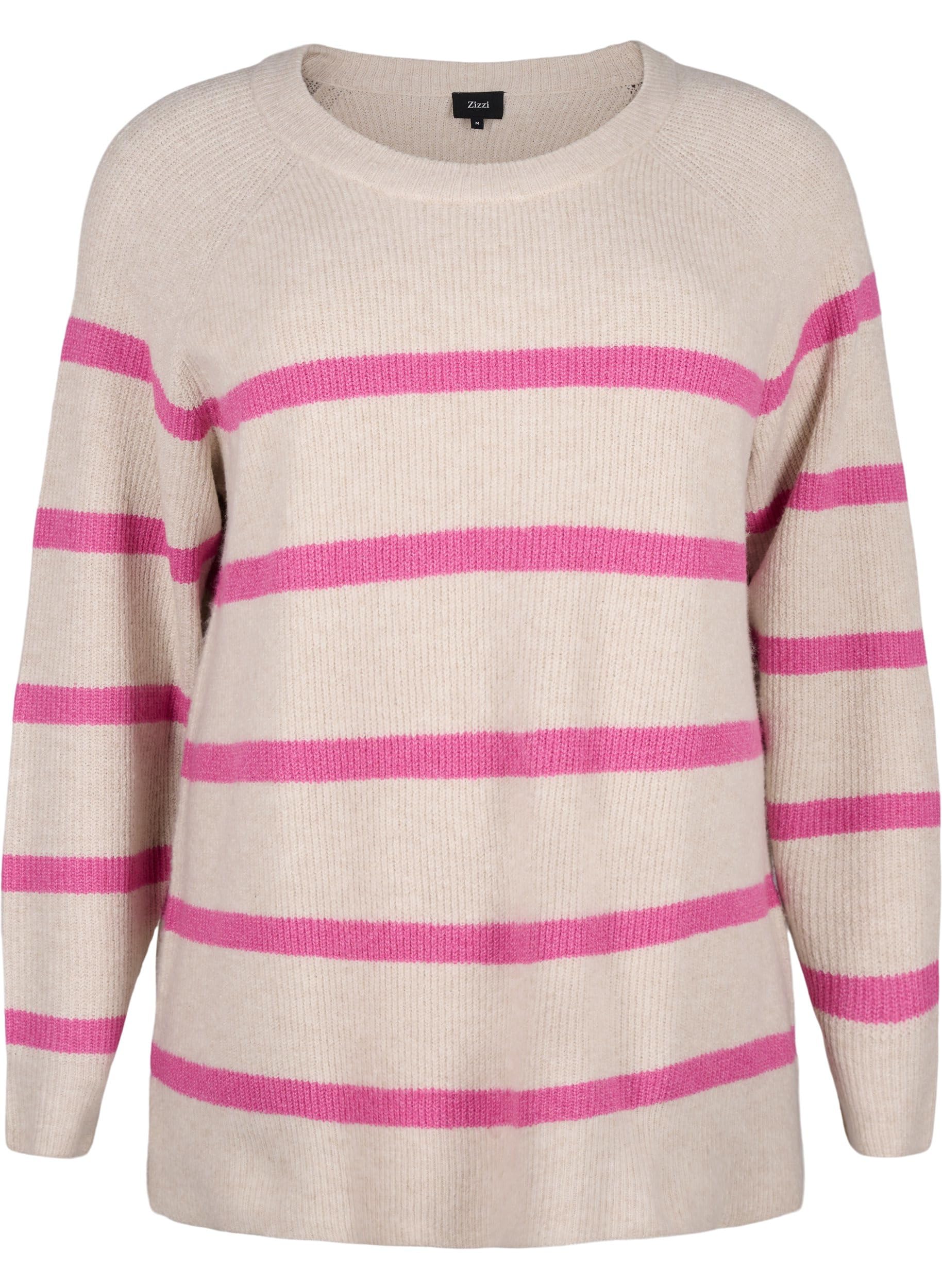Zizzi Strickpullover Streifen Pullover Große Größen Rundhals Rippstrick