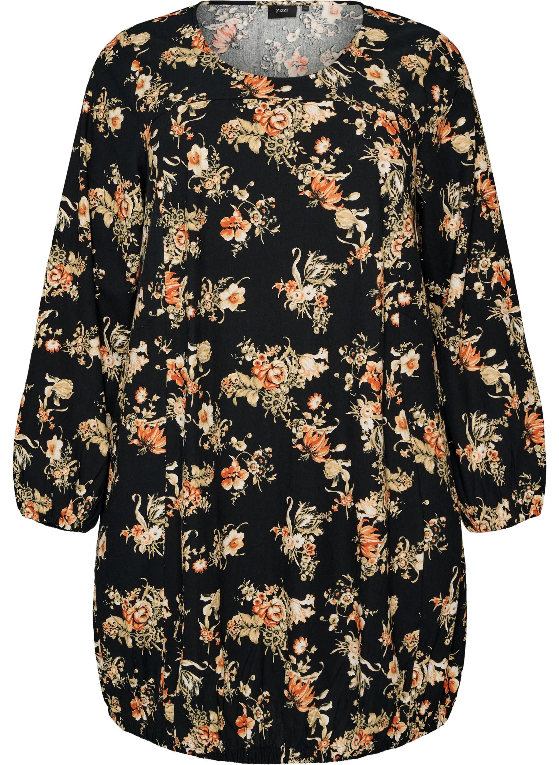 Zizzi Kleid Kurz Lange Ärmel Baumwolle Große Größen Rundhals