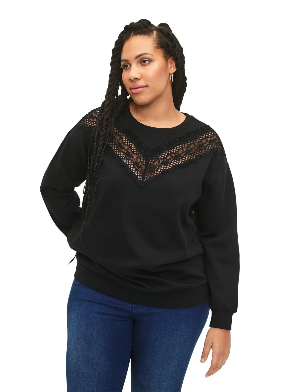 Zizzi Sweats Sweatshirt Rundhals Große Größen Rüschen Häkel