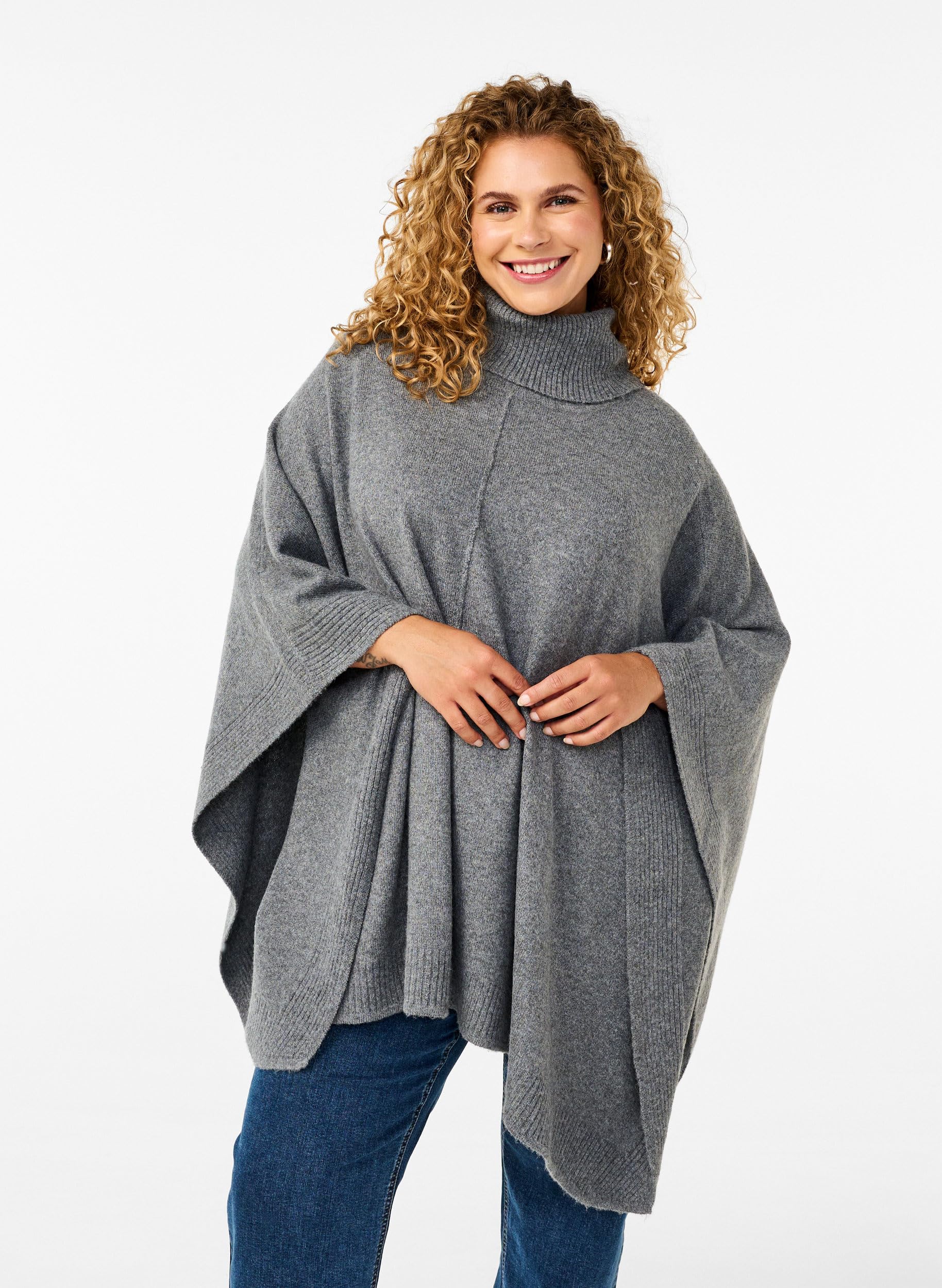 Zizzi Poncho Rollkragen Strickponcho Große Größen