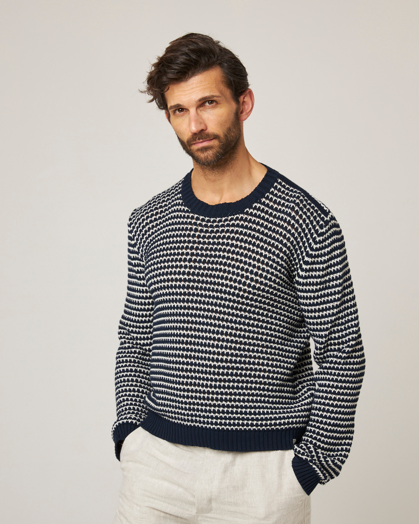 Peregrine Knitwear Island Crochet Jumper Pullover Weiß Baumwolle