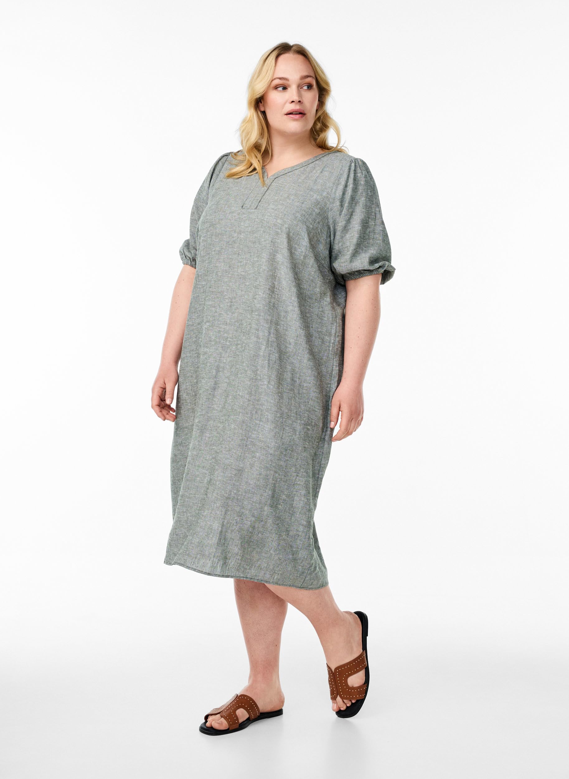 Zizzi Dresses Midi-Kleid Viskose Leinen V-Ausschnitt 42-60
