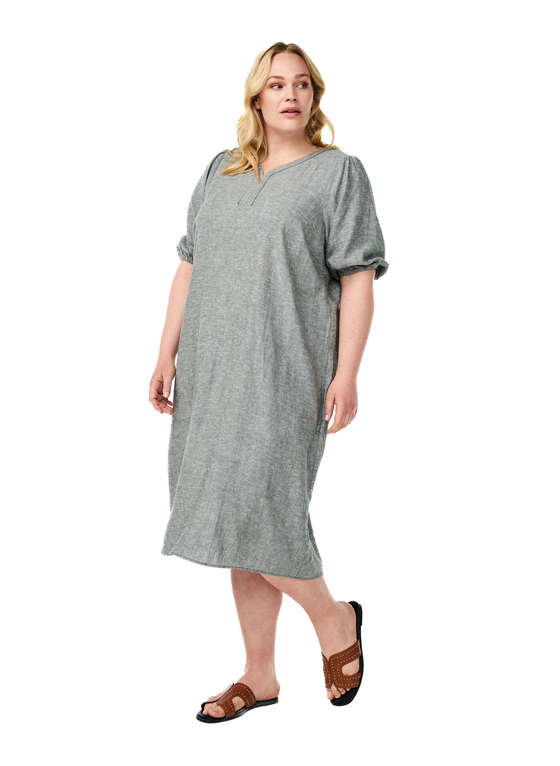 Zizzi Dresses Midi-Kleid Viskose Leinen V-Ausschnitt 42-60