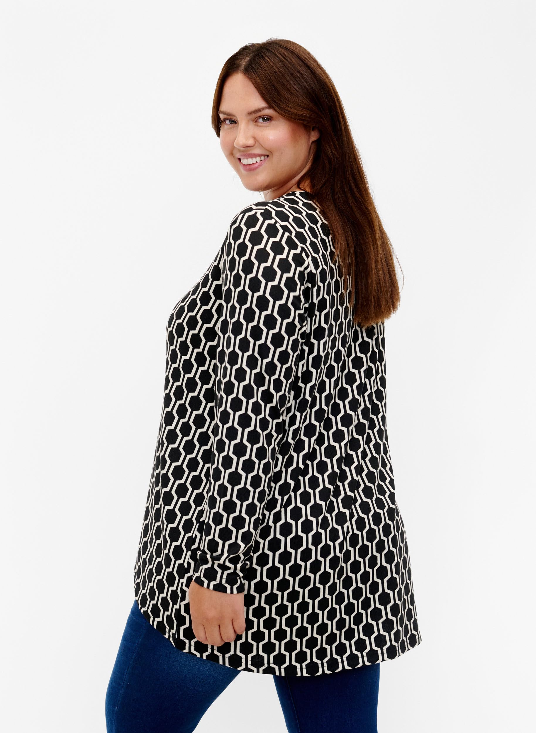 Zizzi Bluse Muster Lange Ärmel Rundhals Große Größen