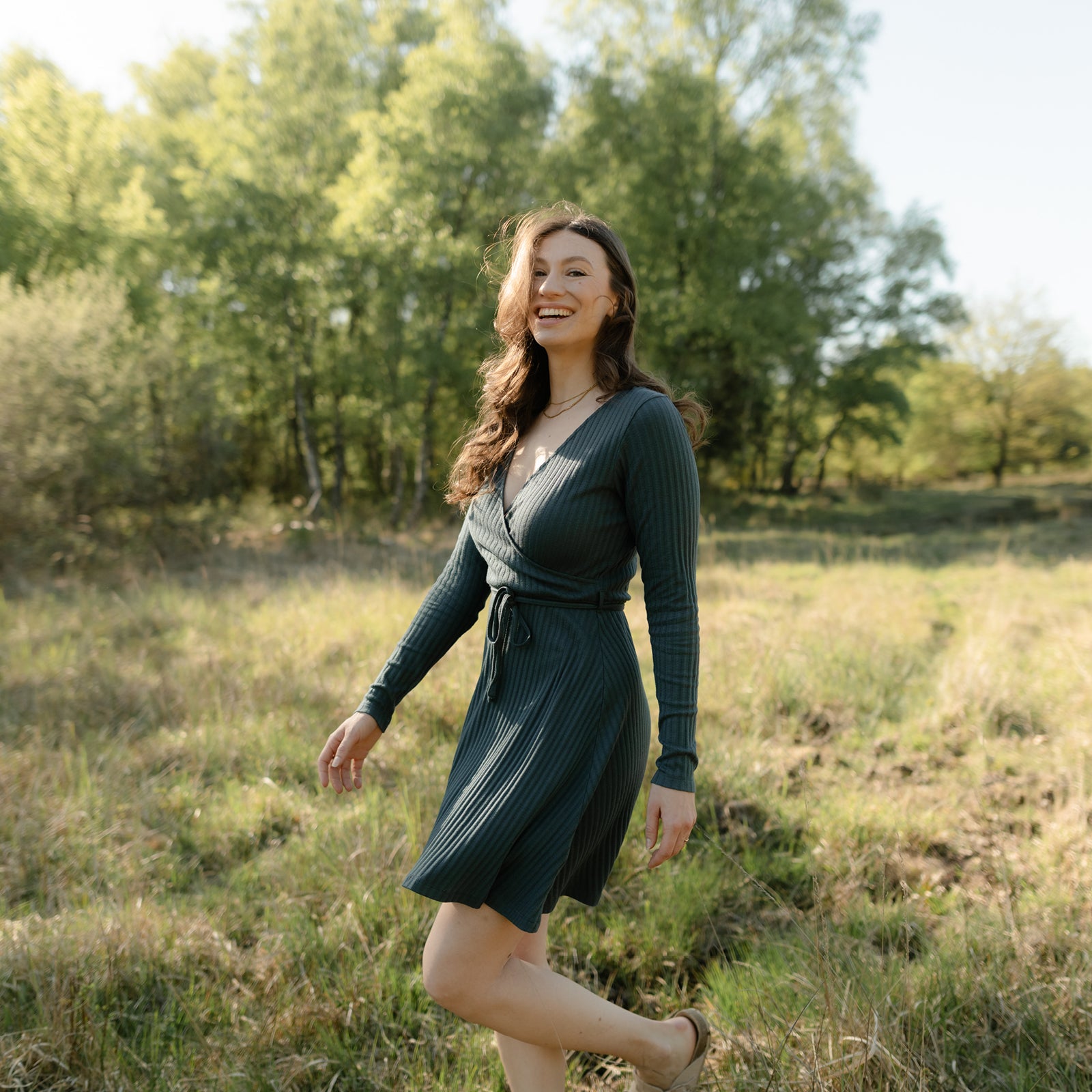 NORDLICHT Antje Pointelle Wickelkleid Grün Tencel