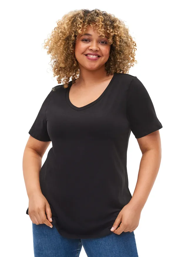 Zizzi Basic T-Shirt Große Größen Schwarz V-Ausschnitt